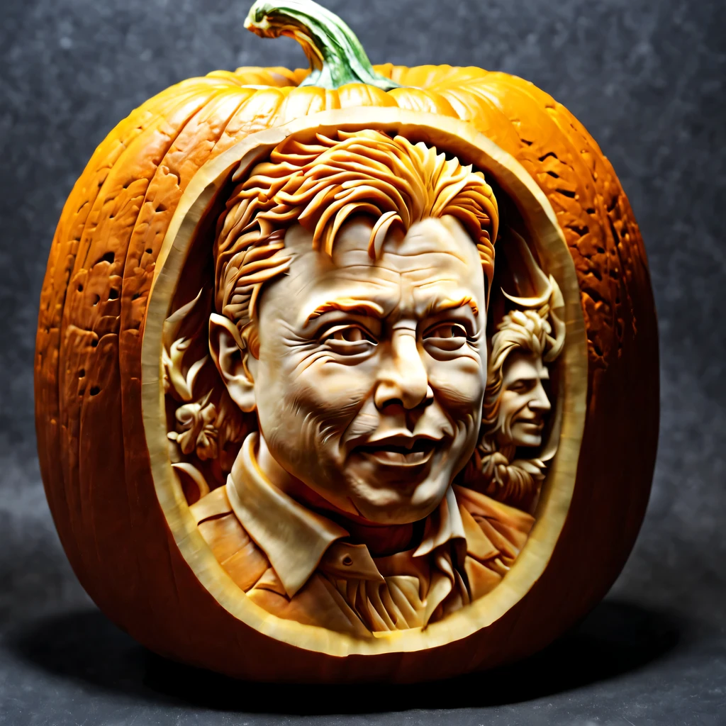 Pumpkin carving, elon musk, Pumpkin carving art, carving, hyperrealistic, Super detailed, very detailed, jewelry cutting