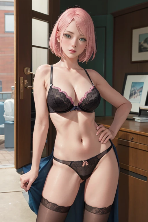 masterpiece, absurdres, sakura\(boruto\), 1girl, solo,mature female, black bra and black detailed linjerie, black thong detailed lenjerie, looking at viewelling petals), perfect composition, detailed lips, big breast, beautiful face, body propotion, blush, (pink lips), long hair,  green eyes,  soft gaze,  super realistic, detailed, photoshoot, realistic face and body, thighhighs, provocative pose 