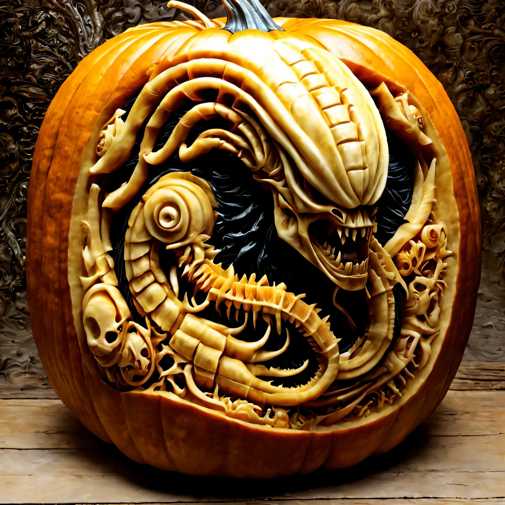 Pumpkin carving, Scene with an alien xenomorph in the style of Hans Giger, Pumpkin carving art, carving, hyperrealistic, hyper-detailed, very detailed, jewelry cutting