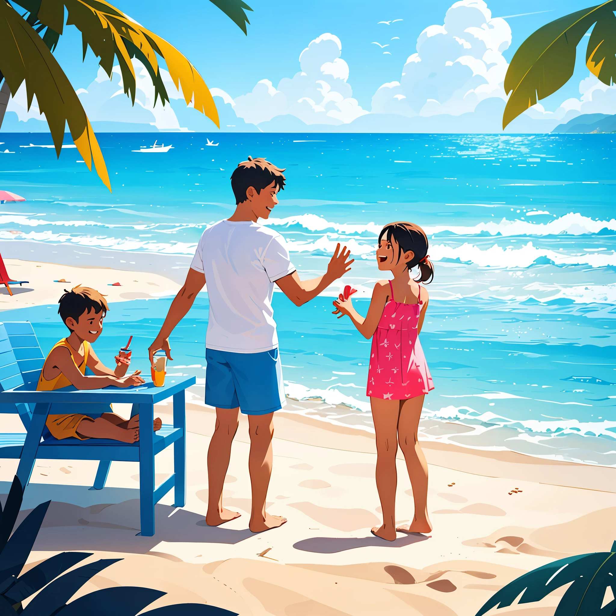 father,mother,their kid playing in the beach, sandy beach, turquoise water, gentle waves,lively atmosphere,colorful beach umbrellas,warm sunlight,playful seagulls,soft ocean breeze,(best quality,4k,8k,highres,masterpiece:1.2),ultra-detailed,(realistic,photorealistic,photo-realistic:1.37),HDR,UHD,studio lighting,professional,vivid colors,bokeh,surrounded by coconut trees,children building sandcastles,parents enjoying the view,relaxing beach chairs,swimming in the crystal-clear water,beach volleyball game,laughter and joy,blue summer sky,playful child splashing in the waves,seashells scattered on the sand,cool drink in hand,footprints in the sand,sun-kissed skin,joyful family moments,cotton candy clouds over the horizon,warm golden sand between bare feet,flip-flops lying on the beach blanket,father's broad smile,mother's glowing happiness,child's contagious laughter,endless ocean horizon.