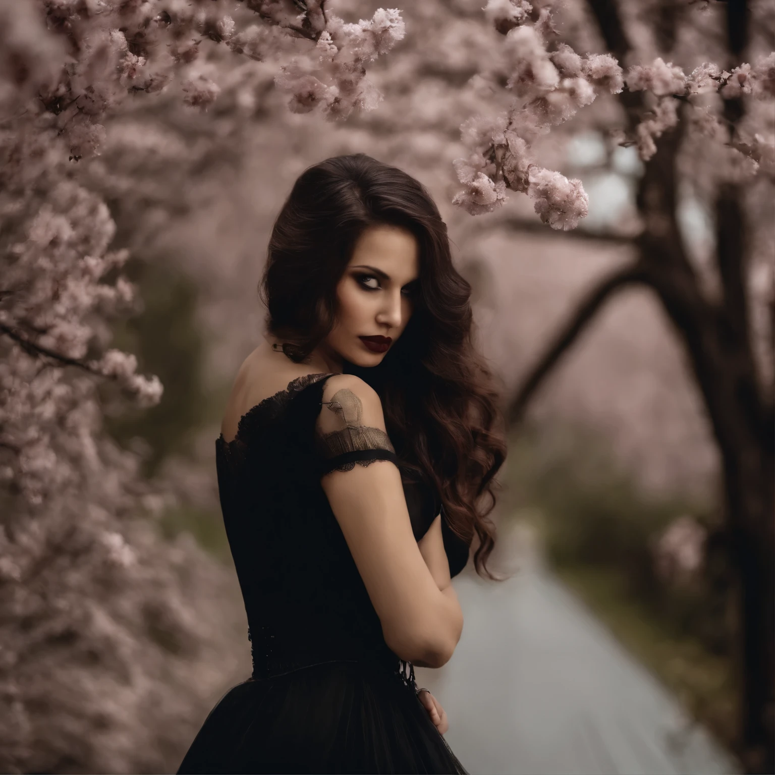 Award-winning color photograph of Victorian era vampire cherrynobodysd15+ in a black dress, leather corset, Темная fogная деревня, night, An ominous, gloomy premonition, fog, Moonbeams, Bright alluring eyes, pale skin, (Black hair)+, Shallow depth of field, high contrast, backlight, blossom, Chromatic aberration, smooth, Sharp Focus, Shot on a mirrorless camera