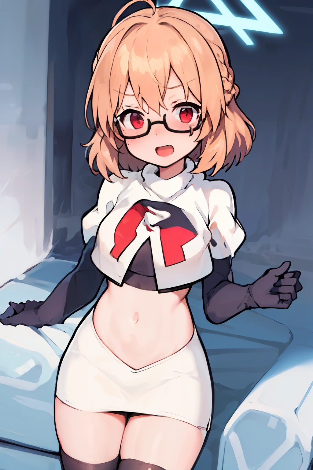 masterpiece, 1girl, kotori \(blue archive\), braid, glasses, blush, best quality, highly detailed, team rocket,team rocket uniform, red letter R, white skirt,white crop top,black thigh-highs, black elbow gloves,