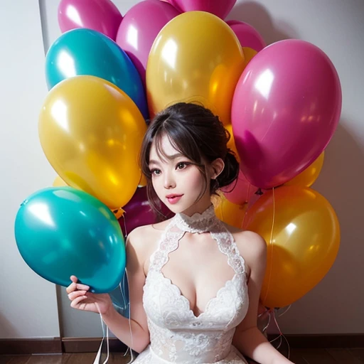 NSFW、bride、(pretty luxurious wedding dress、(Luxurious Long Wedding Veil:1.2)、Full body tights、The belly button is visible、Crouching open leg shot、Open your legs as far as you can with both hands、panties focus、Do not hide the lower body、(8K、top-quality、​masterpiece:1.3)、Brown Medium Layer Cut Hair、Puritanism、Idol face、The best smile、Very wet body、Professional Writing、Gravure photography、Photography Studio、white backgrounid、(Balloons are flying:1.4)、