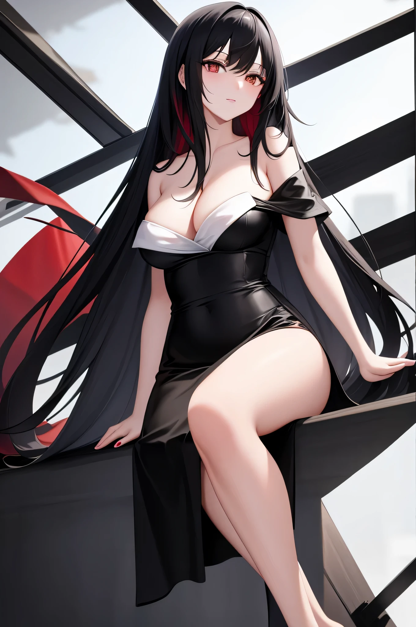 (best image quality, masterpiece:1.2), absolute resolution, high quality, one woman, break, (long black hair mixed with red:1. 1), brown eyes, big breasts,naked towel,