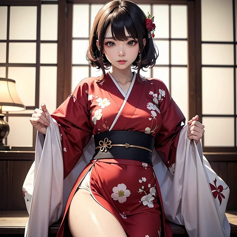 A bewitchingly seductive young woman with flawless porcelain skin, full rosy lips, and alluring hooded eyes with long dark lashes. Her luxurious black hair cascades down her back in silken waves. She wears an exquisite crimson silk kimono with a plunging neckline, the delicate fabric clinging to her curvaceous figure and parting at the thigh to reveal a glimpse of her smooth legs.
Intricate golden floral embroidery adorns the kimono and the long trailing sleeves drape suggestively, drawing the eye along her feminine form. Gold sakura petal accessories glimmer in her perfectly styled hair. Kneeling with one knee raised on a crimson cushion, she gazes at the viewer with a coy seductive expression, a crimson maple leaf delicately held between her fingers.
The scene is bathed in the warm moody lighting of a traditional Japanese room with ornate shoji screens. An exquisitely beautiful bijin-ga style illustration rich with delicate textures, sultry colors like deep reds and purples, and an unmistakable air of elegant eroticism.