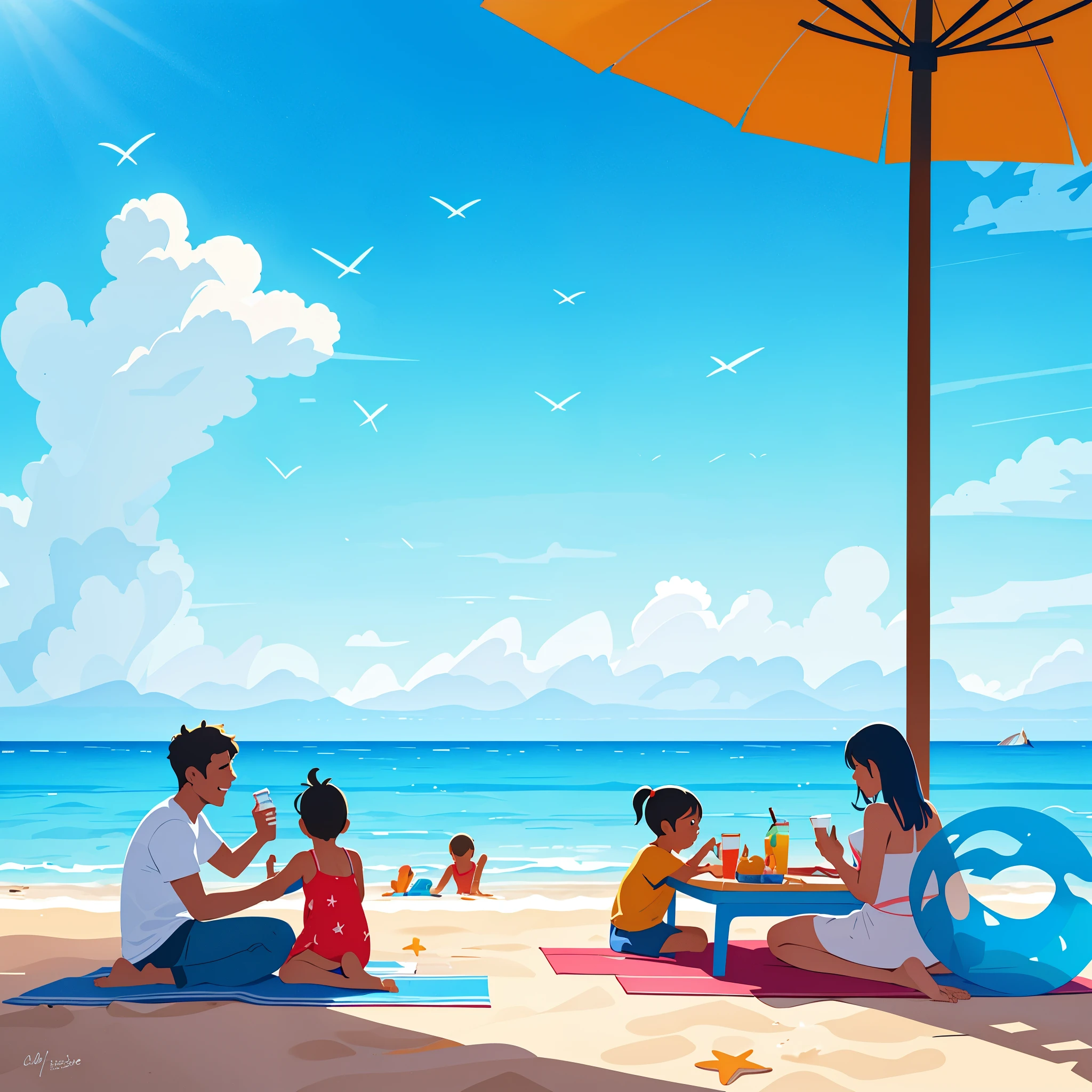 father,mother,their kid playing in the beach, sandy beach, turquoise water, gentle waves,lively atmosphere,colorful beach umbrellas,warm sunlight,playful seagulls,soft ocean breeze,(best quality,4k,8k,highres,masterpiece:1.2),ultra-detailed,(realistic,photorealistic,photo-realistic:1.37),HDR,UHD,studio lighting,professional,vivid colors,bokeh,surrounded by coconut trees,children building sandcastles,parents enjoying the view,relaxing beach chairs,swimming in the crystal-clear water,beach volleyball game,laughter and joy,blue summer sky,playful child splashing in the waves,seashells scattered on the sand,cool drink in hand,footprints in the sand,sun-kissed skin,joyful family moments,cotton candy clouds over the horizon,warm golden sand between bare feet,flip-flops lying on the beach blanket,father's broad smile,mother's glowing happiness,child's contagious laughter,endless ocean horizon.