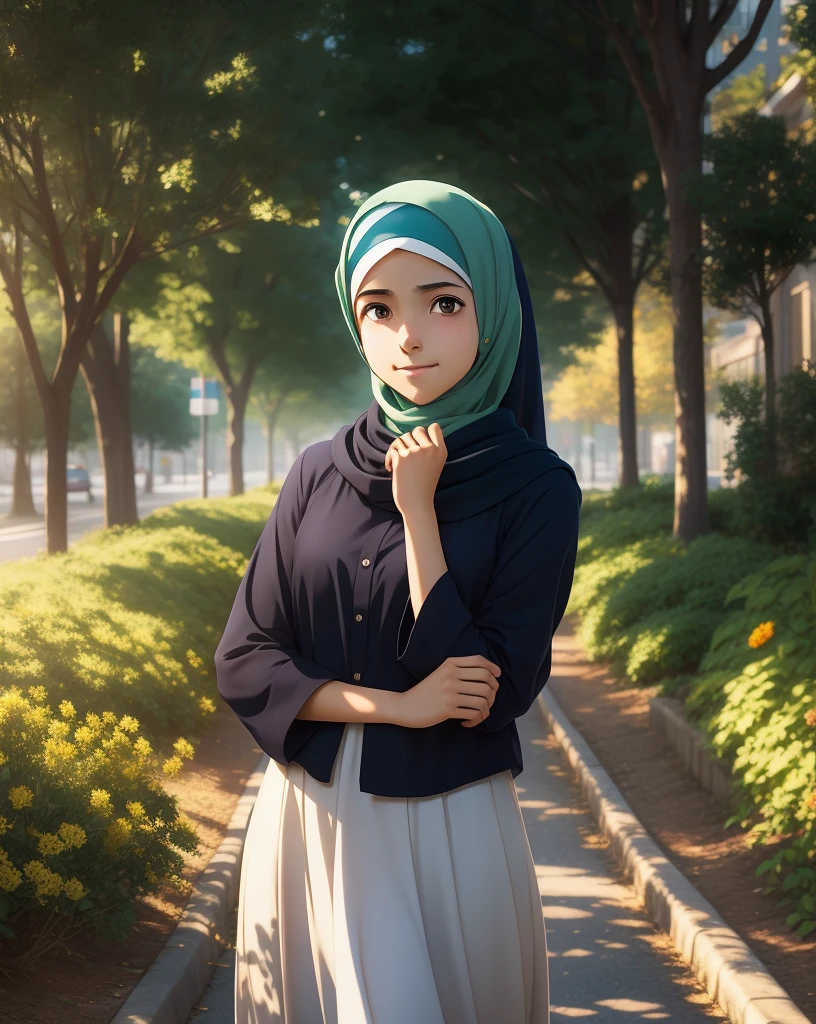 hijab girl by makoto shinkai, 20 years old, smirking, Sunbeams, bokeh, movie poster style