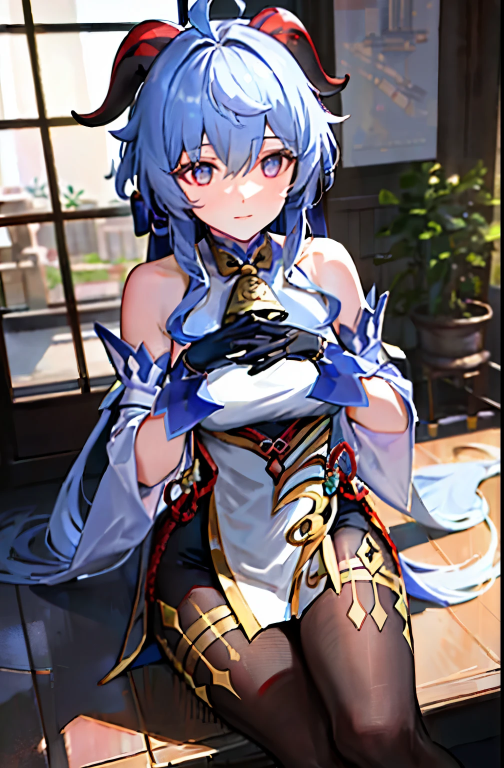 (photorealistic:1.4), (masterpiece, sidelighting, finely detailed beautiful eyes: 1.2), masterpiece*portrait, realistic, 3d face,
ganyu \(genshin impact\), 1girl, ahoge, architecture, bangs, bare shoulders, bell, black gloves, black pantyhose, (blue hair), blush, breasts, chinese knot, detached sleeves, flower knot, gloves, horns, long hair, looking at viewer, medium breasts, neck bell