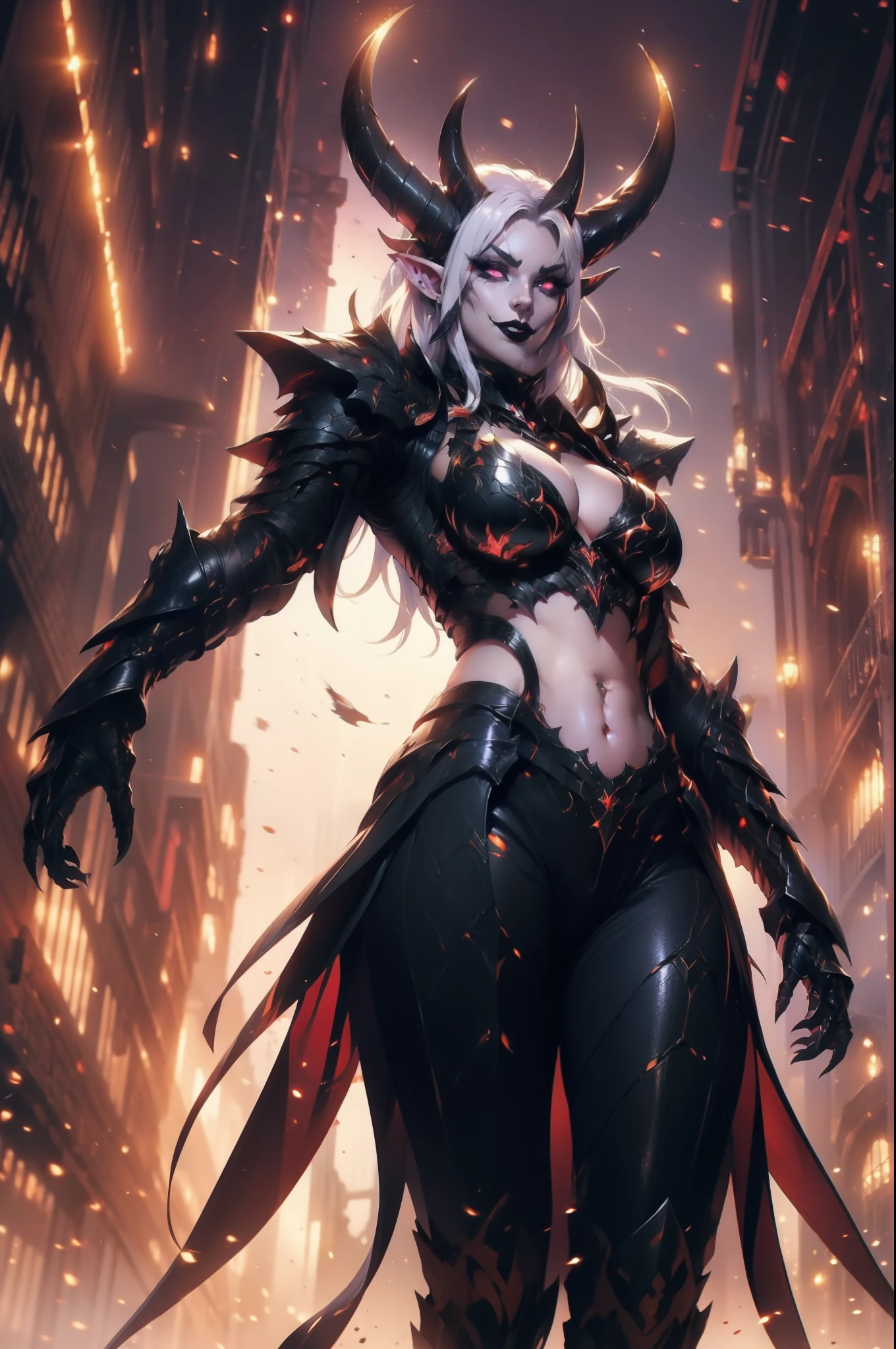 colored skin, horns, demon horns, oni horns, dragon horns, tail, purple skin, pointy ears,solo,tiefling woman,big breasts,glowing eyes,cleavage,details skin texture,4k wallpaper,(from below:1.3),white hair,bikini armor,shoulder armor,cleavage cutout,perfect lighting,black lips,smirk,(masterpiece,best quality,high resolution)