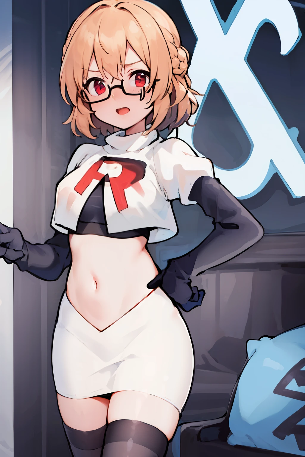 masterpiece, 1girl, kotori \(blue archive\), braid, glasses, blush, best quality, highly detailed, team rocket,team rocket uniform, red letter R, white skirt,white crop top,black thigh-highs, black elbow gloves,