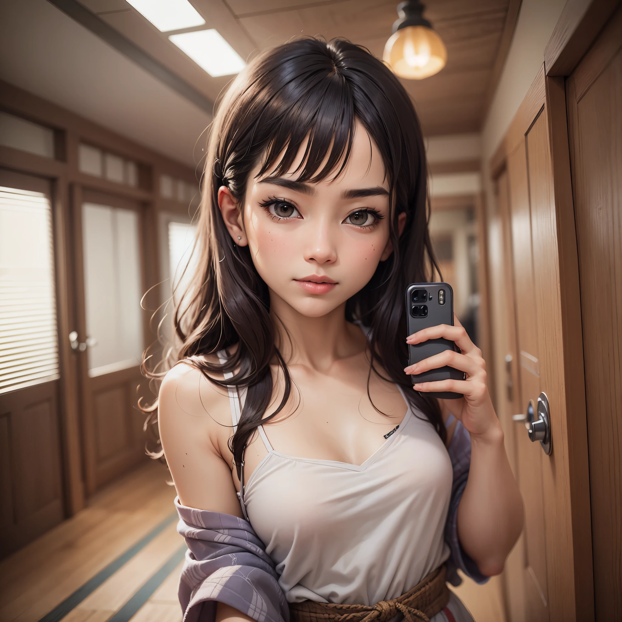 1 garota em, Sozinho, Japan Faces, selfie,cabelo loiro longo, chamativo, sala :1.2 , olhando para o espectador  --auto --s2