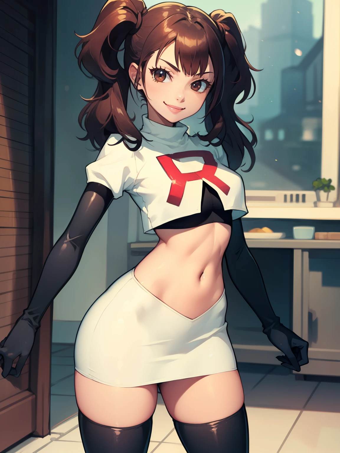 Rise Kujikawa (people) ,glossy lips ,Team Rocket uniform, red letter R, white skirt,white crop top,black thigh high boots, black elbow gloves, evil smile, looking at the viewer, cowboy shot