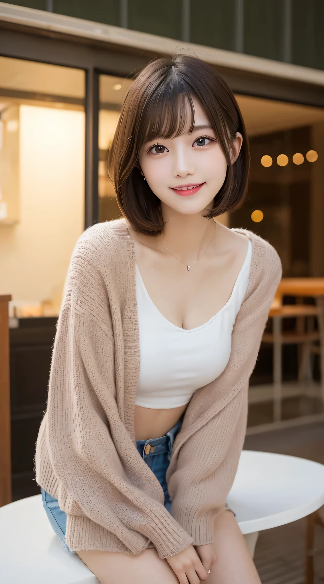 table top, highest quality, shape, Super detailed, finely, High resolution, 8k wallpaper, 完璧なダイナミックな構shape, beautiful and detailed eyes, Women&#39; fashion,very short hair,small breasts natural color lip, bold sexy pose,smile,Harajuku、20 year old girl、cute、sexy shot looking at camera