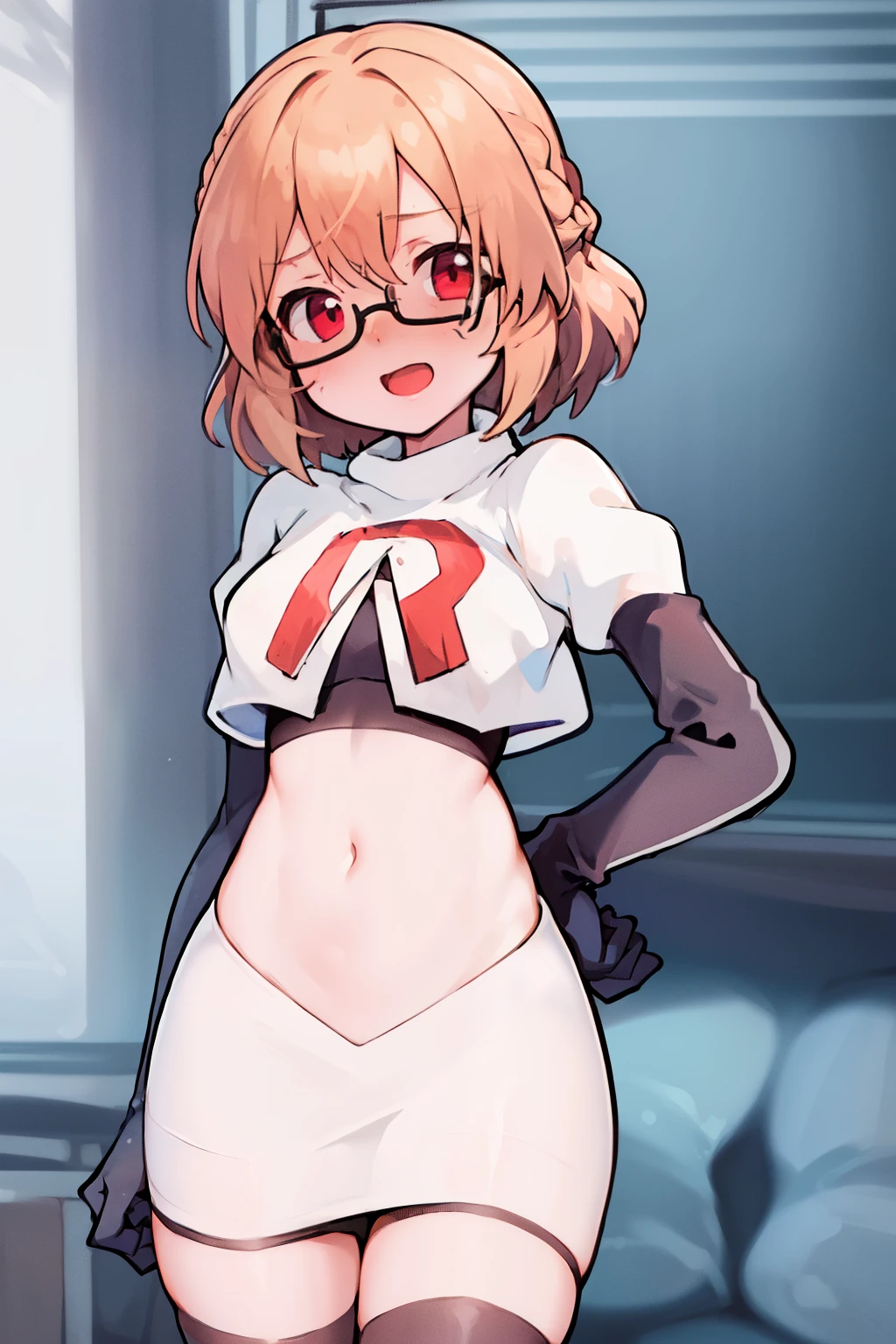 masterpiece, 1girl, kotori \(blue archive\), braid, glasses, blush, best quality, highly detailed, team rocket,team rocket uniform, red letter R, white skirt,white crop top,black thigh-highs, black elbow gloves,