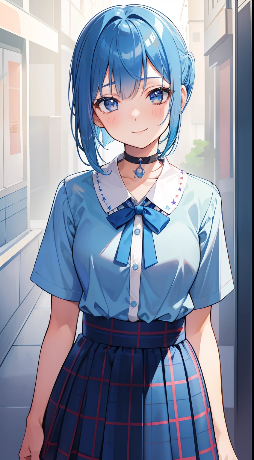 solo, kemono, female, blue hair, blue eyes, wear Japan student shirt, wear Japan student skirt, blushes, smile, sitting in front of school, school background, afternoon time