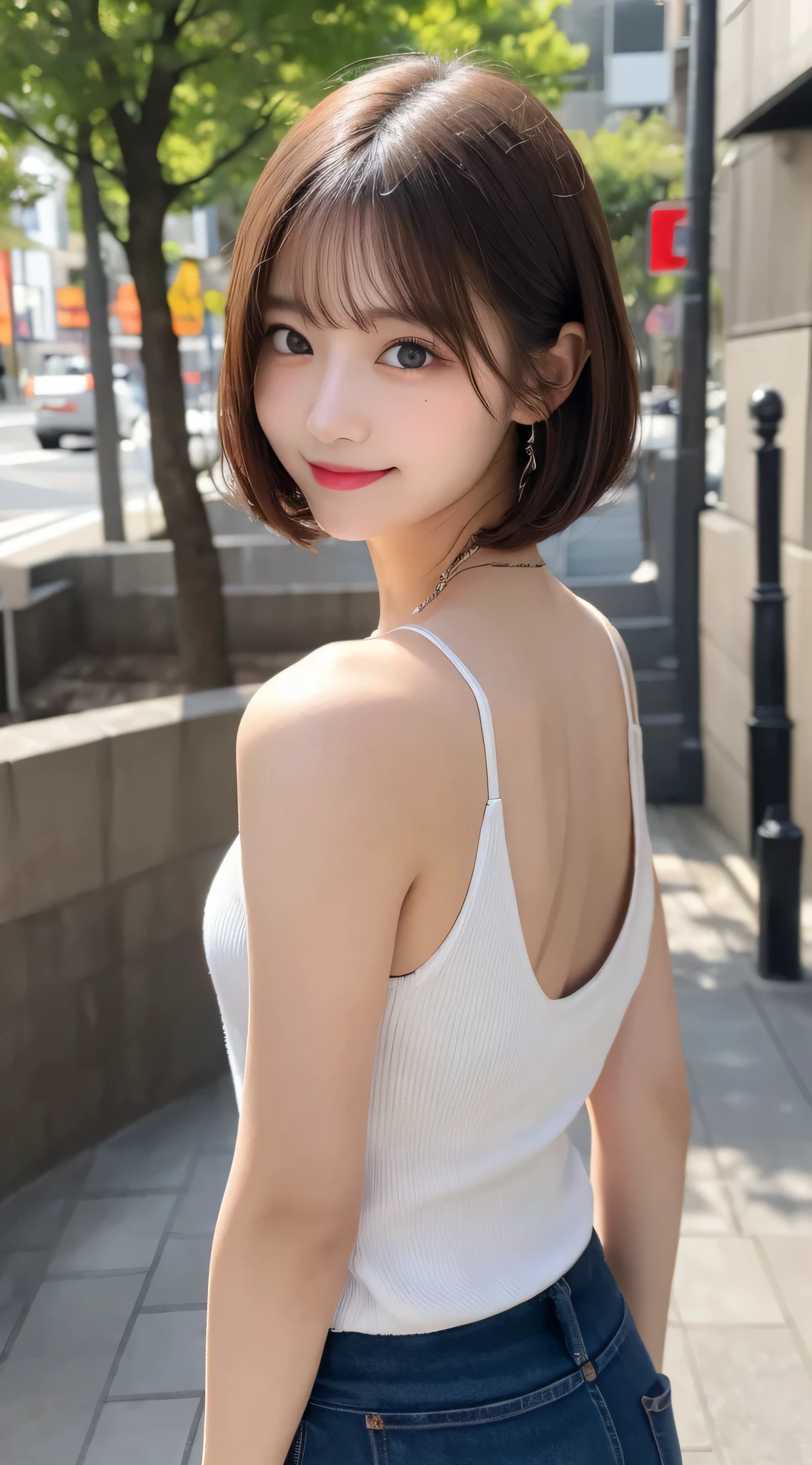 masterpiece, best quality:1.1), (8k, raw photo, photo realistic:1.2, f22), (shiny skin), detailed skin,Medium Bob,detailed face, detailed eyes,smile,BREAK, real world, intricate details, smil, BREAK, 1girl, full body,(black,short sleeves,dress)BREAK, (back,curtain:1.4)