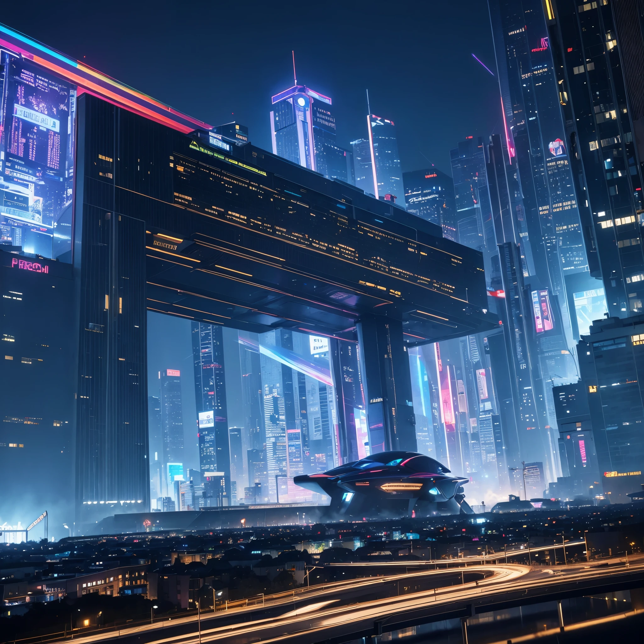 Complex building, neonly prism light, rich futuristic city, tons of massive building, dynamic angle, extremly detailed, night, cyberpunk, ultra lens portrait, night city, movie texture scene, cinematic