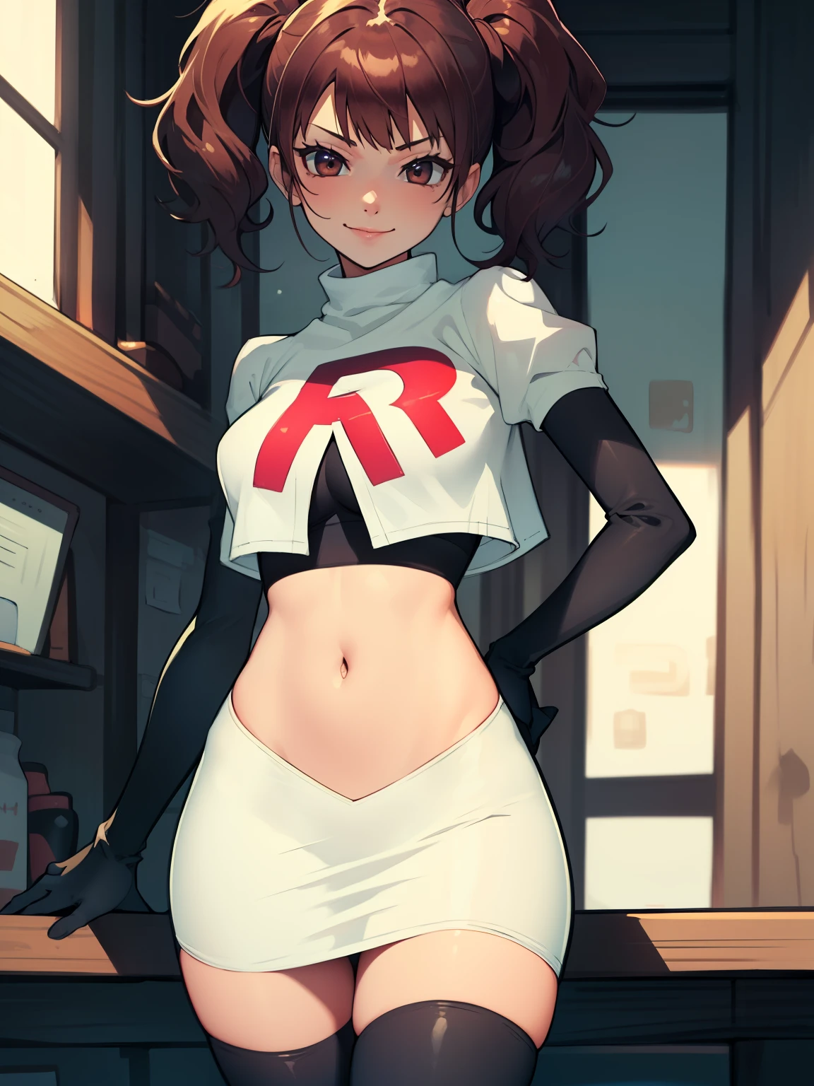 Rise Kujikawa (people) ,glossy lips ,Team Rocket uniform, red letter R, white skirt,white crop top,black thigh high boots, black elbow gloves, evil smile, looking at the viewer, cowboy shot