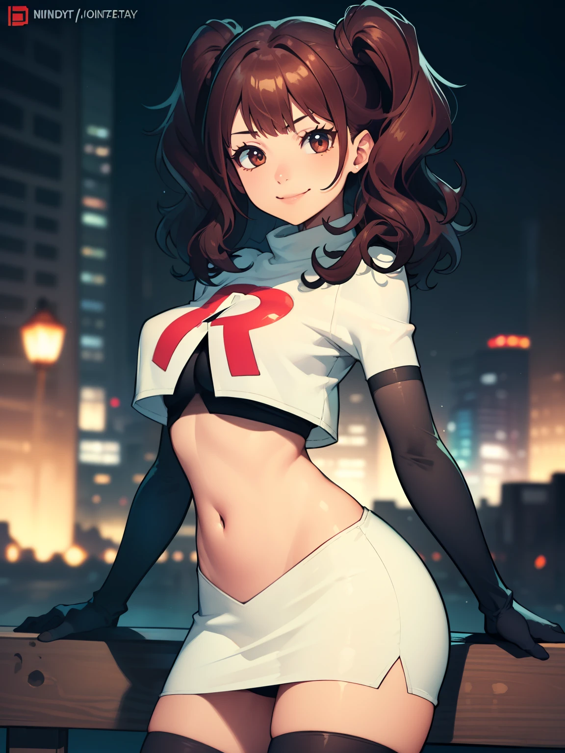 Rise Kujikawa (people) ,glossy lips ,Team Rocket uniform, red letter R, white skirt,white crop top,black thigh high boots, black elbow gloves, evil smile, looking at the viewer, cowboy shot