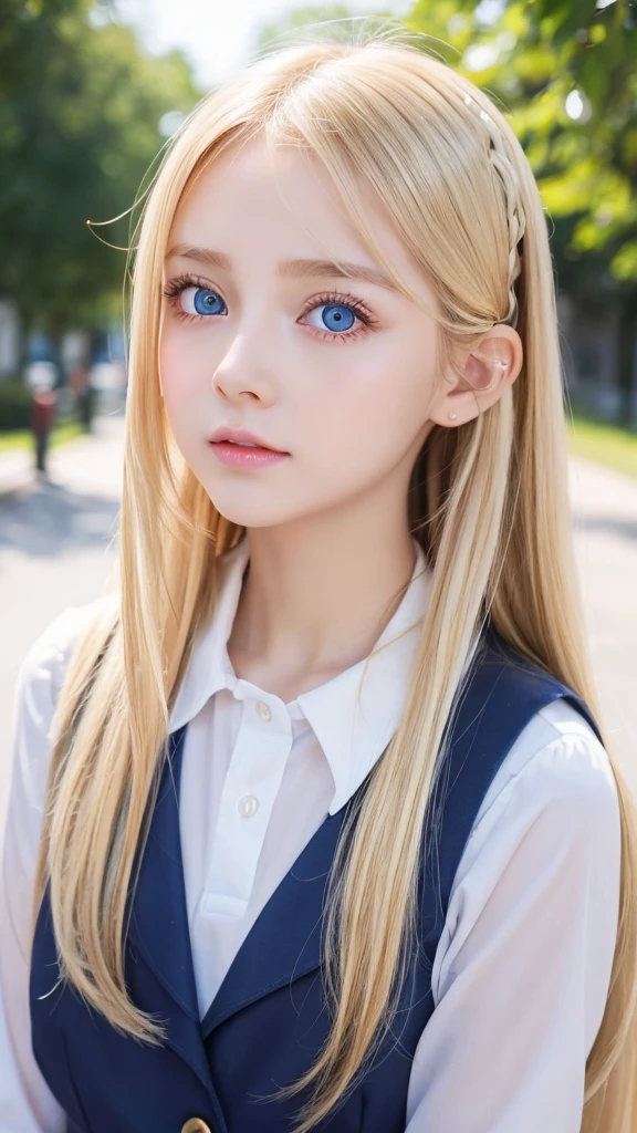 A beautiful girl with super long and beautiful shining bright blonde hair.、Very beautiful bright light blue big eyes、very big eyes、unparalleled beauty、rich bust、school uniform、very white bright young skin、gloss cheek highlights、small face beauty、