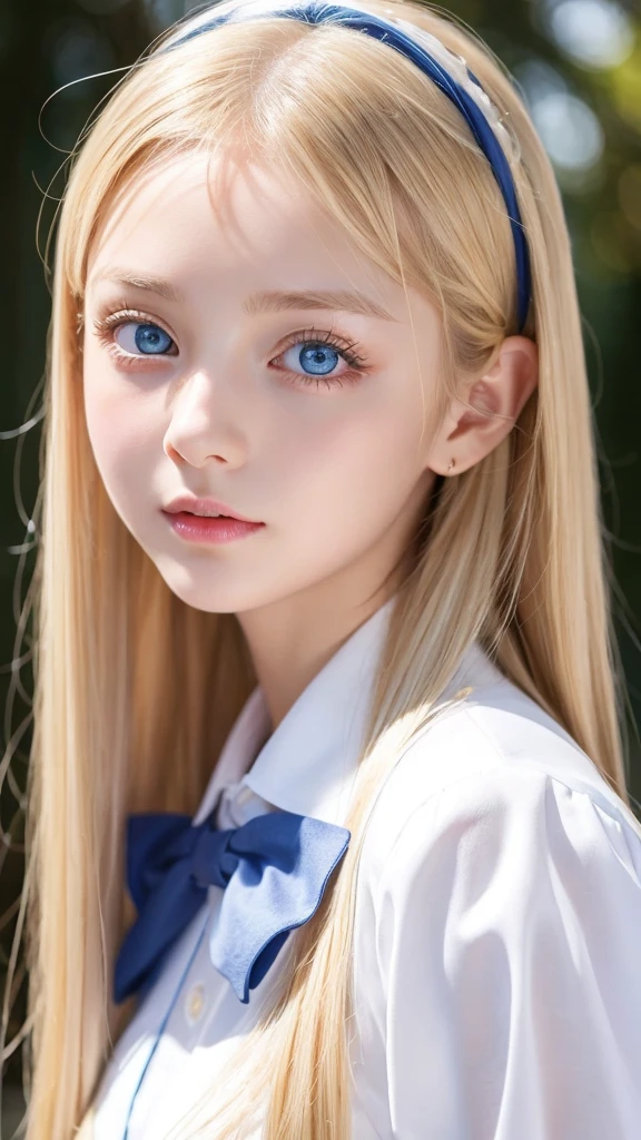 A beautiful girl with super long and beautiful shining bright blonde hair.、Very beautiful bright light blue big eyes、very big eyes、unparalleled beauty、rich bust、school uniform、very white bright young skin、gloss cheek highlights、small face beauty、