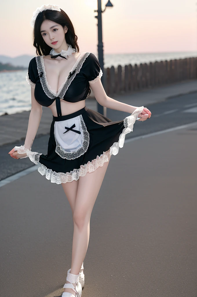 (best quality),[masterpiece],((beautiful:0.75) cute girl:0.75),(EOS R8,50mm,F1.2,8K,RAW photo:1.2),Professional,ultra-fine painting,1girl,japanese,28yo,light brown short hair,Slender body,(large :1.6),cleavagrs,(from front:1.3),sunset,blue sky,seaside background,(standing:1.3),
Special clothes39,maid,black garter belt and Black stocking,white lace see through panty,visible hpussy,skirtlift,