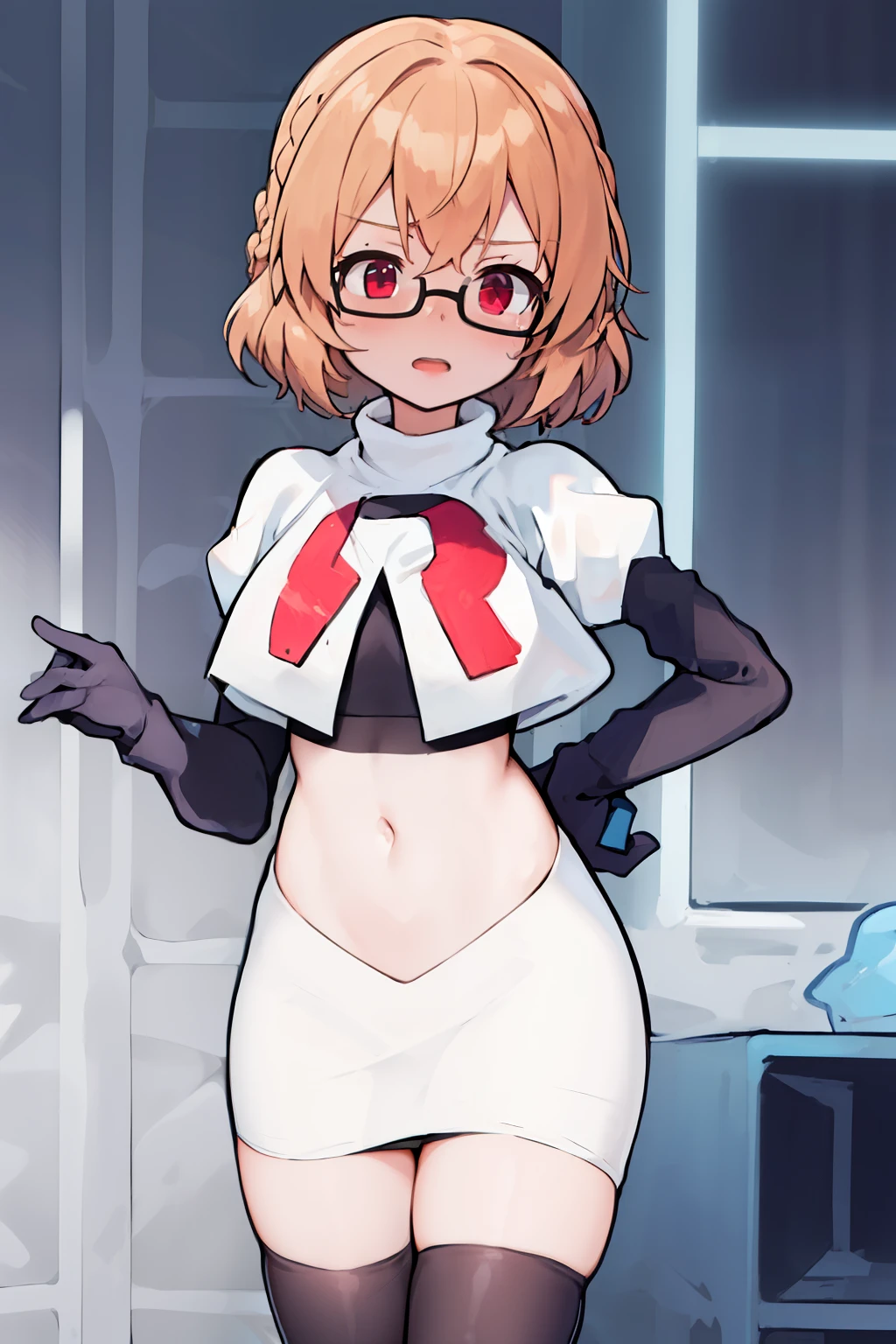 masterpiece, 1girl, kotori \(blue archive\), braid, glasses, blush, best quality, highly detailed, team rocket,team rocket uniform, red letter R, white skirt,white crop top,black thigh-highs, black elbow gloves,