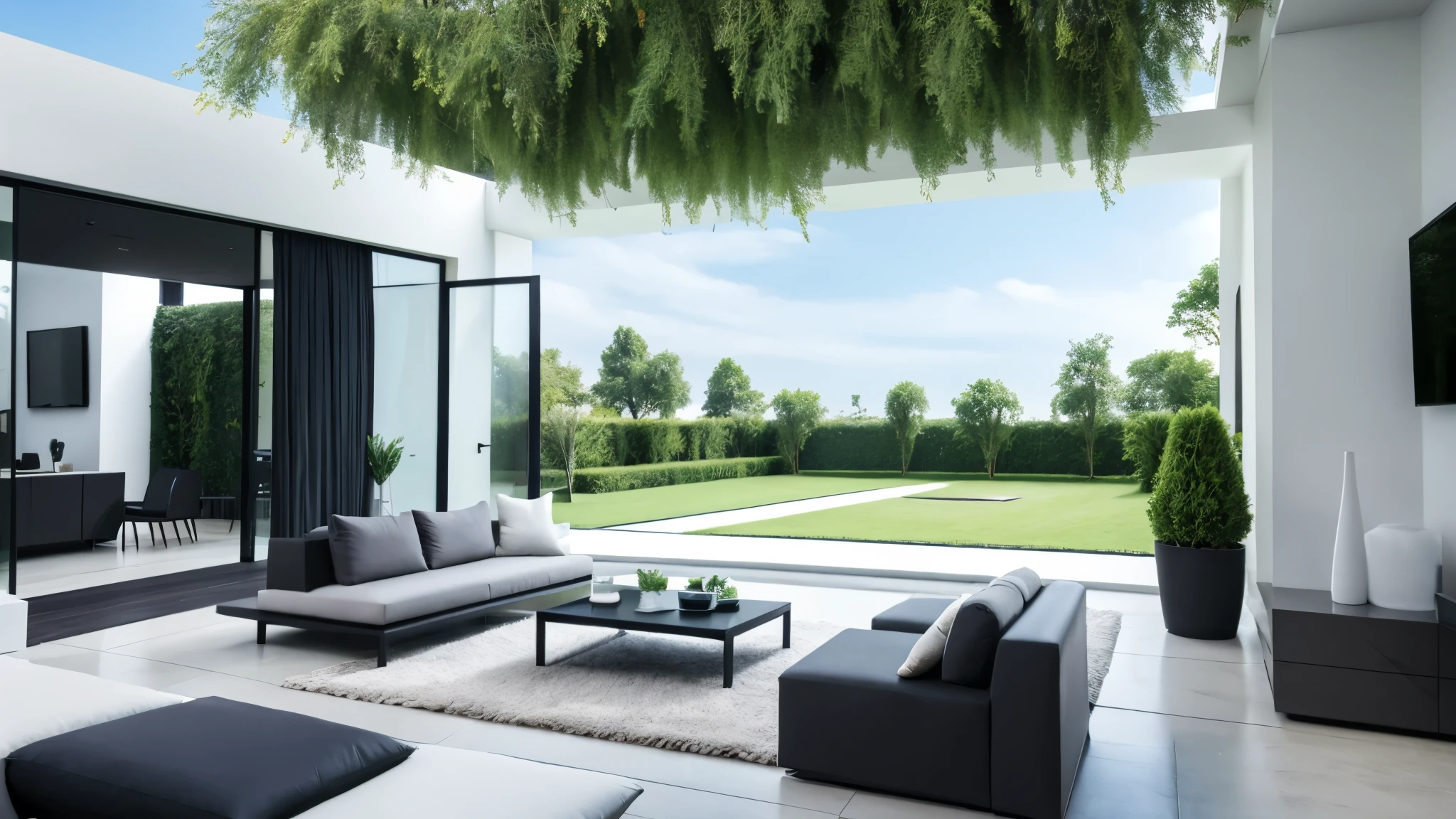 You are a famous interior designer、You have been asked to create a 3D image of a modern large room. Create a harmonious environment with modern and minimalist furniture. Including garden interior.
