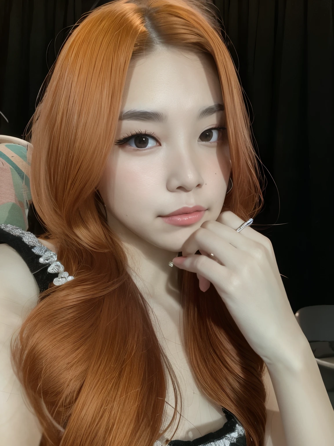 there  a woman with long red hair posing for a picture, she has long redorange hair, ulzzang, jinyoung shin, jaeyeon nam, portrait of jossi of blackpink, popular south korean makeup, popular korean makeup, she has long orange brown hair, jossi of blackpink, heonhwa choe, sun yunjoo, kim doyoung