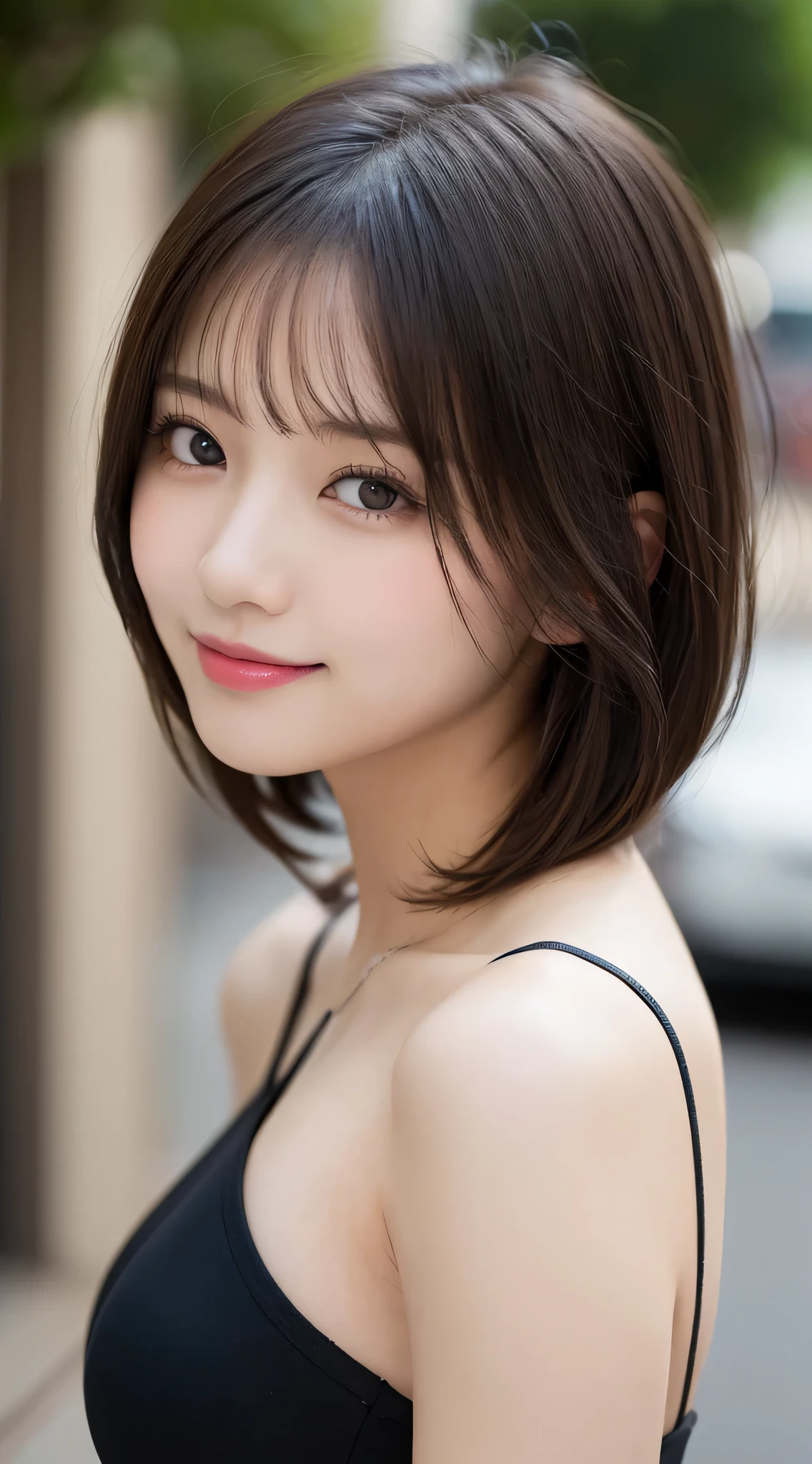 table top, highest quality, shape, Super detailed, finely, High resolution, 8k wallpaper, 完璧なダイナミックな構shape, beautiful and detailed eyes, Women&#39; fashion,very short hair,small breasts natural color lip, bold sexy pose,smile,Harajuku、20 year old girl、cute、sexy shot looking at camera
