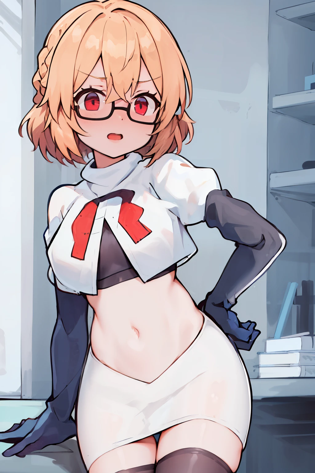 masterpiece, 1girl, kotori \(blue archive\), braid, glasses, blush, best quality, highly detailed, team rocket,team rocket uniform, red letter R, white skirt,white crop top,black thigh-highs, black elbow gloves,