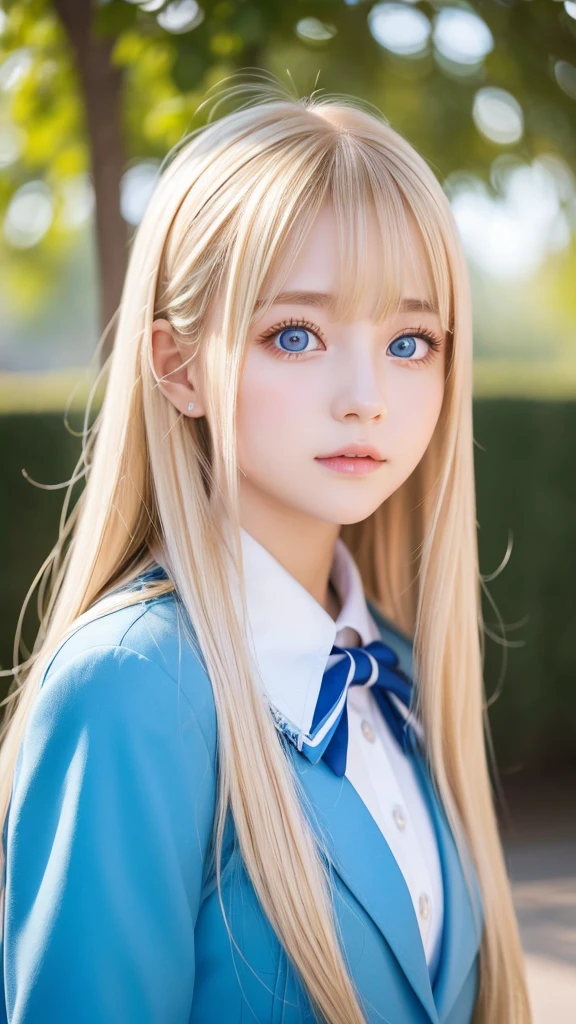 A beautiful girl with super long and beautiful shining bright blonde hair.、long bangs between the eyes、Very beautiful bright light blue big eyes、very big eyes、unparalleled beauty、rich bust、school uniform、very white bright young skin、gloss cheek highlights、small face beauty、