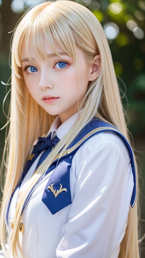 A beautiful girl with super long and beautiful shining bright blonde hair.、long bangs between the eyes、Very beautiful bright light blue big eyes、very big eyes、unparalleled beauty、rich bust、school uniform、very white bright young skin、gloss cheek highlights、small face beauty、