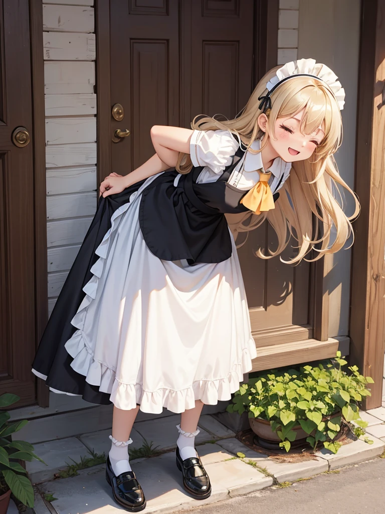 Girl, alone, entrance to a Western-style house, maid's headdress, eyes closed, apron, smile, skirt, short sleeves, black shoes, dress, long wavy blonde hair, bouncy hair, whole body, white apron, black dress, fluffy sleeves Yes, maid apron, close mouth,long hair, wrinkles, facing the audience, fluffy short sleeves, standing, knees bent, socks, ascot, bowing, standing thin with one knee up, lifting the skirt with both hands, bending forward, front view,