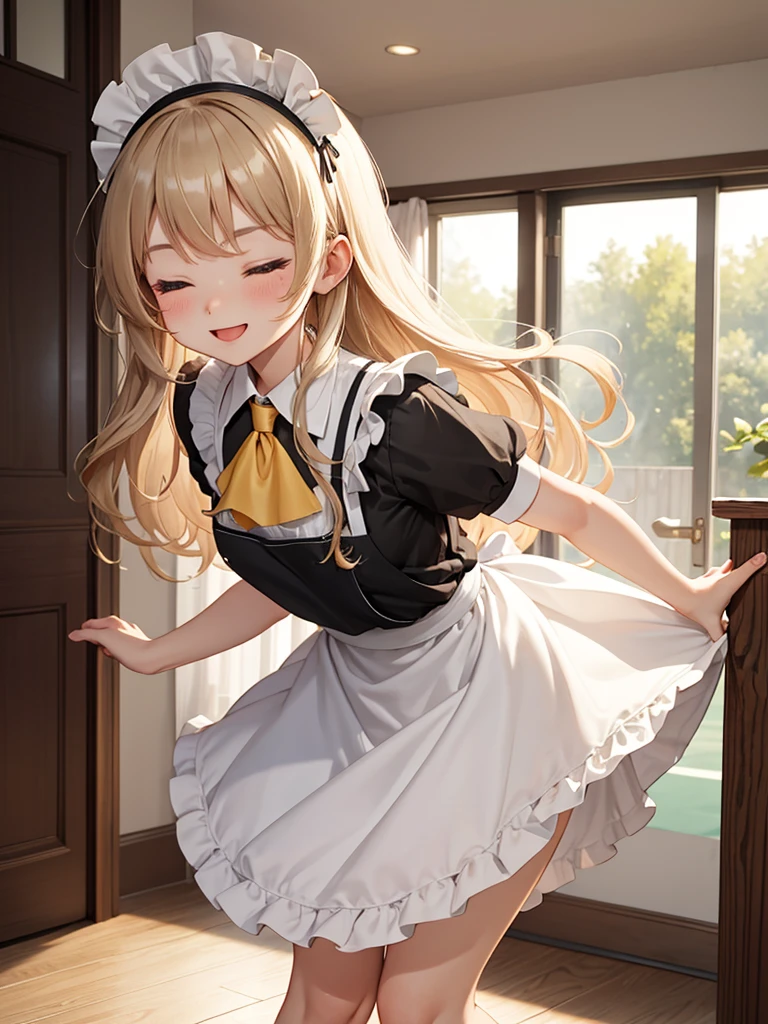 Girl, alone, entrance to a Western-style house, maid's headdress, eyes closed, apron, smile, skirt, short sleeves, black shoes, dress, long wavy blonde hair, bouncy hair, whole body, white apron, black dress, fluffy sleeves Yes, maid apron, close mouth,long hair, wrinkles, facing the audience, fluffy short sleeves, standing, knees bent, socks, ascot, bowing, standing thin with one knee up, lifting the skirt with both hands, bending forward, front view,