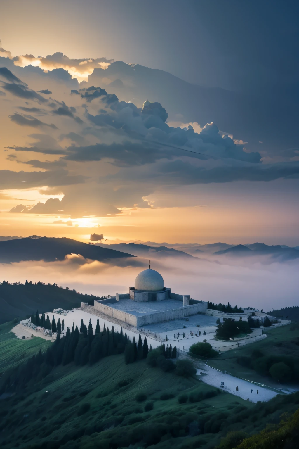 Al Aqsa Mosque, with dark green dome, on top of mountain, thunder strom, fog, lake