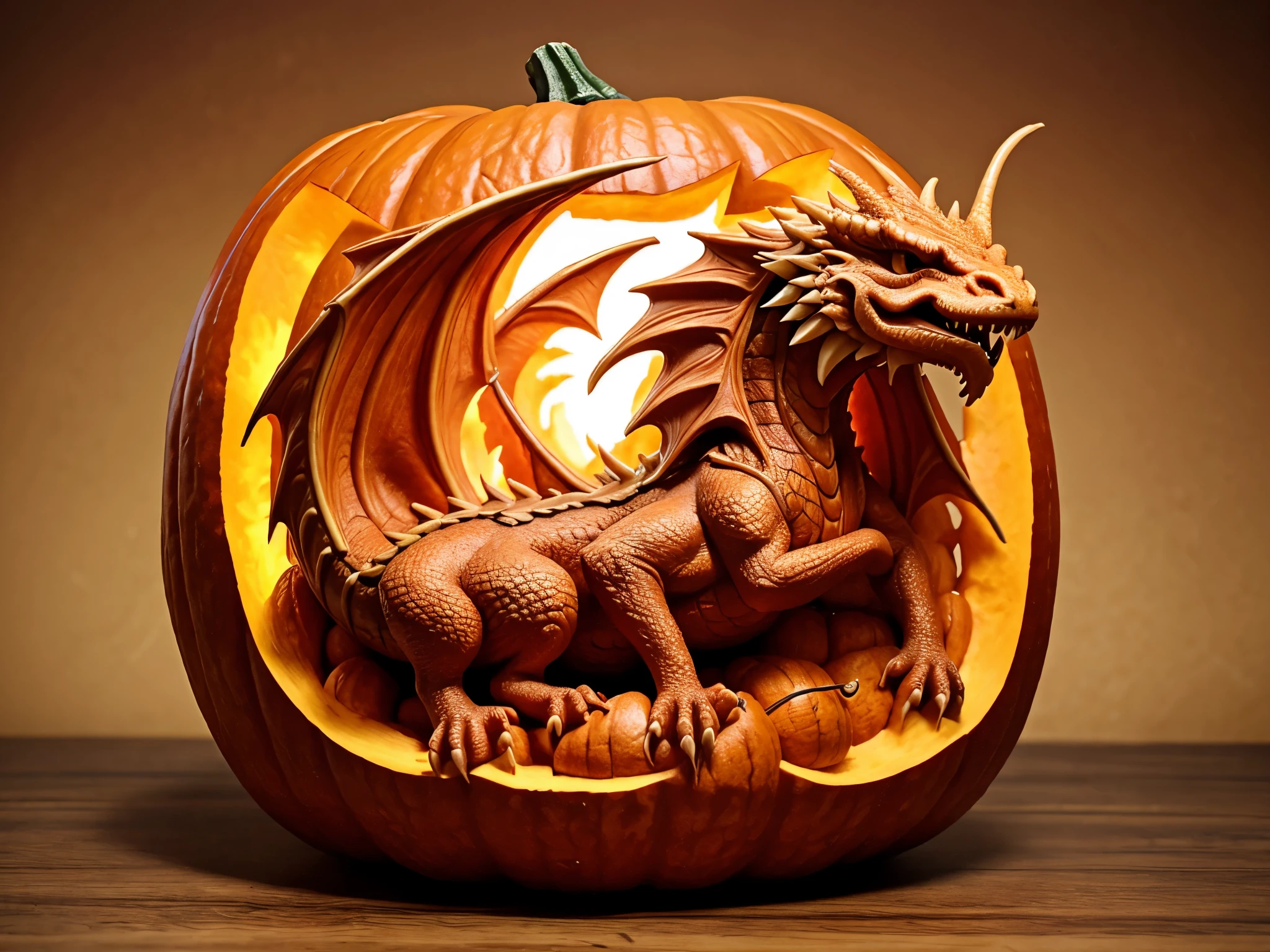best quality, ultra-detailed, photorealistic,3D rendering, A girl is carving a dragon sculpture on a pumpkin