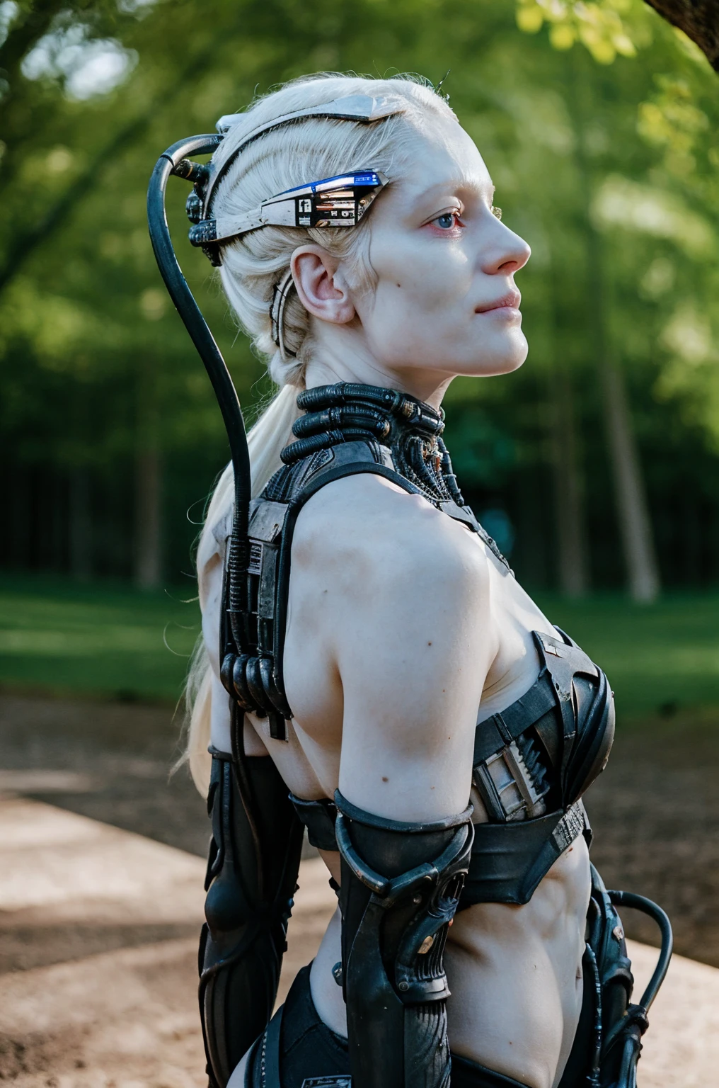 borg woman, (cable:1.4), 

(Natural:1.2) (pale white:1.1) (skin:1.3) [(with:.01) (beauty_marks:.01):6], 
[bald::6], 
 [long:6] [light blonde hair:6], [blue eyes:4], [albino Nordic:6], 
(medium shot:1.4), back view, sexy (cyborg:.05) (cybernetic:.3) (implants:.3), (cyborg:.01) (cybernetic:1.3) (bikini:1), young, front light, well lit, sunny, in nature, outdoors, detailed skin, photograph, detailed, high resolution, RAW photo, in frame, 

[BREAK:8] 
[(many beauty_marks and:.01) (many light moles on her skin:1):8], 

[BREAK (light brown moles:.1):12]