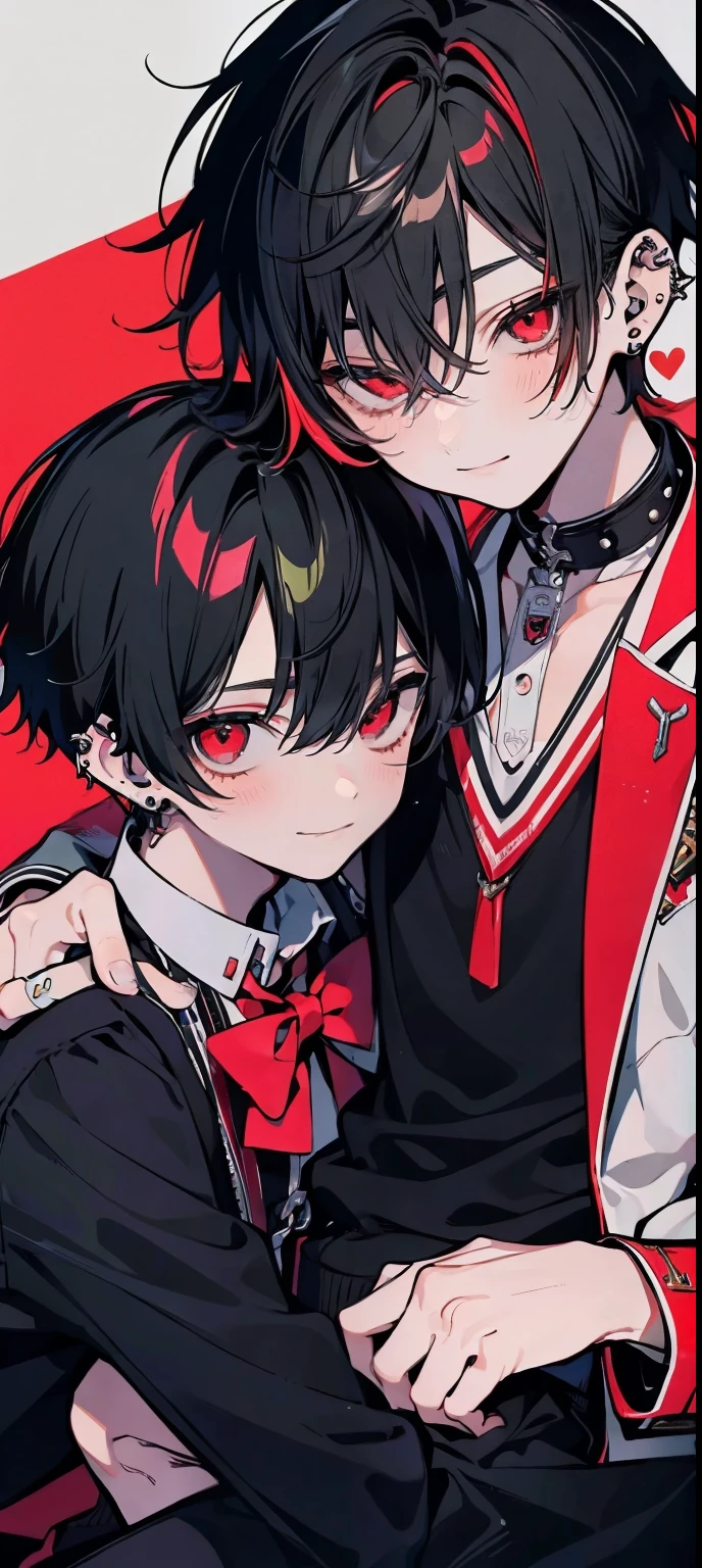 (Masterpiece), (best quality), ((super-detailed)), 2 boys, 15-years-old, handsome, gay, ((yaoi)), eye contact, hugging, heart, romantic style, school uniform, watch, school, holding each other's hands, affectionate touching, BREAK (boy1: red eyes, black hair, blush, serious, lots of piercingREAK (boy2: closed eyes,  black hair, very short hair, shirt, smiling, lots of piercings)Anime, beautiful night, 🌙,2bosy look at me, long legs, black hair red eye, green hair black eye,cute face, handsome,long and tall,slim,hot, realistic, kinds soft.