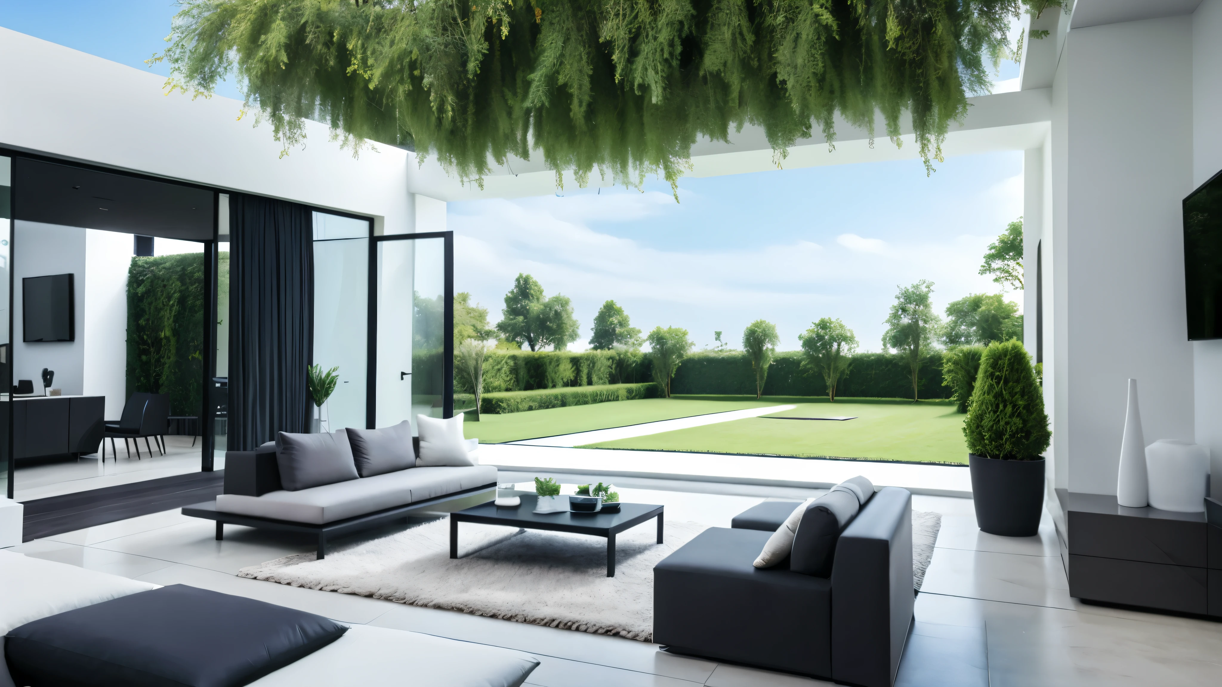 You are a famous interior designer、You have been asked to create a 3D image of a modern large room. Create a harmonious environment with modern and minimalist furniture. Including garden interior.