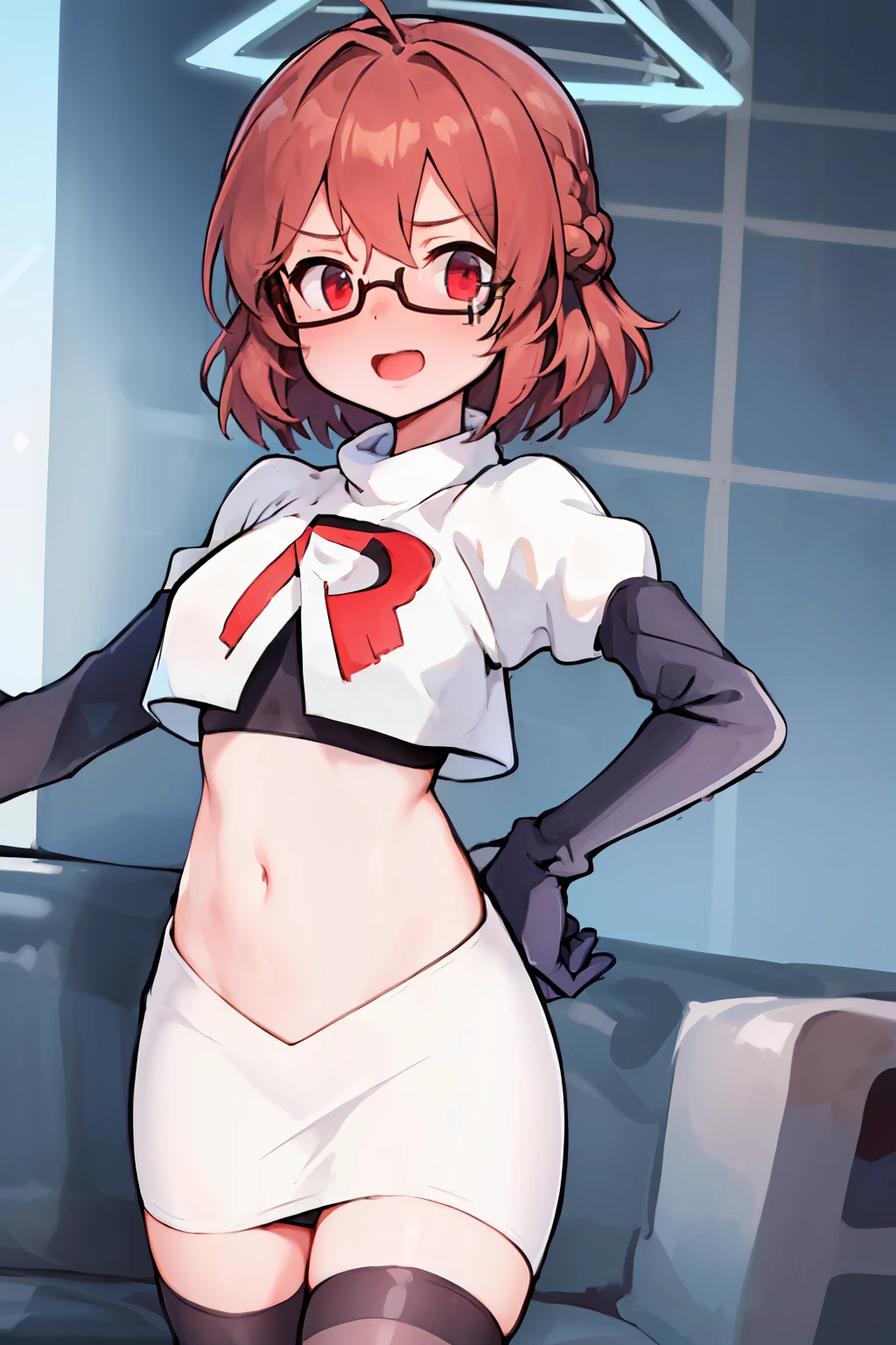masterpiece, 1girl, kotori \(blue archive\), braid, glasses, blush, best quality, highly detailed, team rocket,team rocket uniform, red letter R, white skirt,white crop top,black thigh-highs, black elbow gloves,