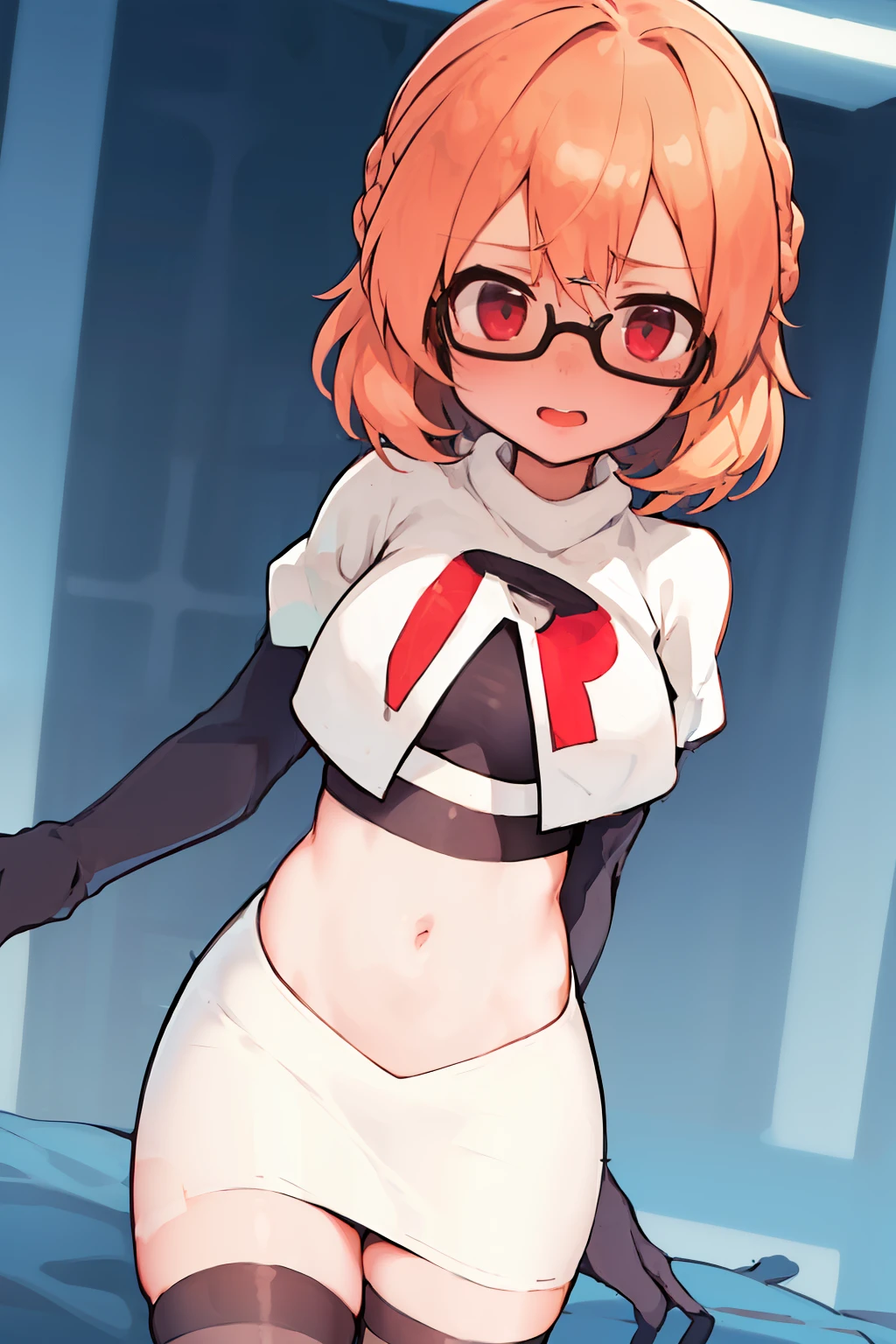 masterpiece, 1girl, kotori \(blue archive\), braid, glasses, blush, best quality, highly detailed, team rocket,team rocket uniform, red letter R, white skirt,white crop top,black thigh-highs, black elbow gloves,