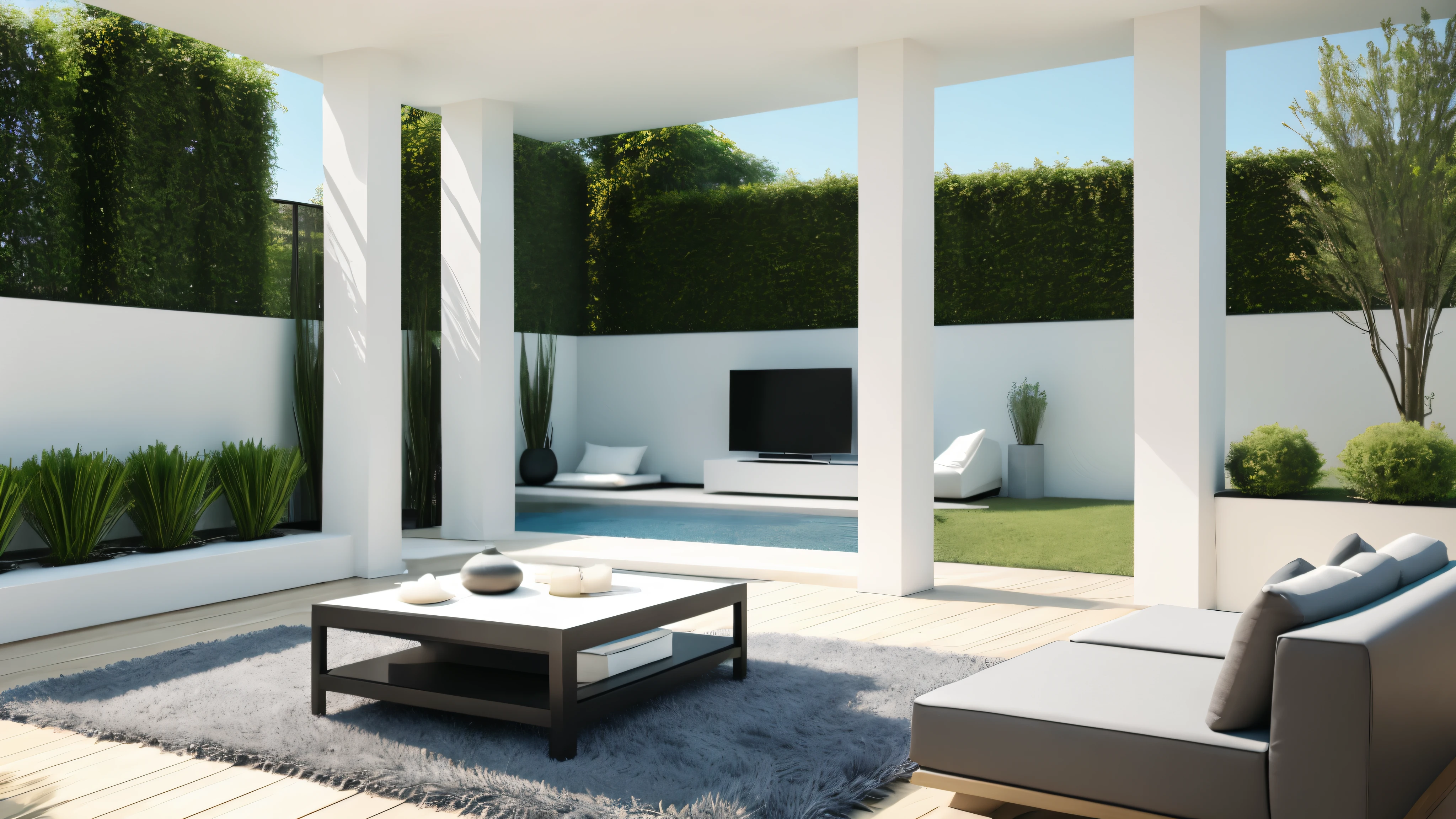 You are a famous interior designer、You have been asked to create a 3D image of a modern large room. Create a harmonious environment with modern and minimalist furniture. Including garden interior.