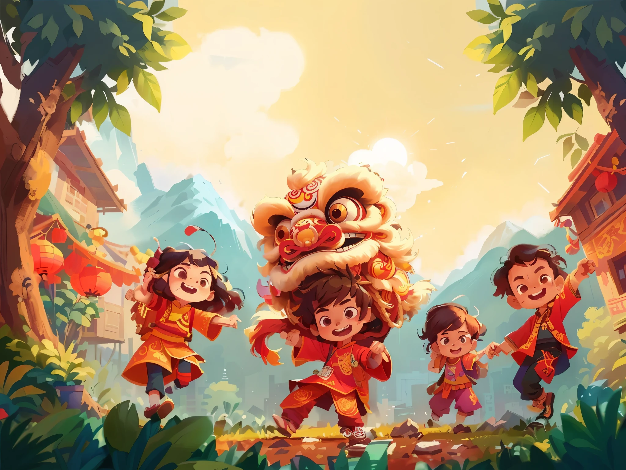 cartoon illustration of a group of ethenic children in vietnam costumes, the mountain backgound with firework on sky, lunar new year asmosphere, Tet Holiday, Tet Traditional Viet Nam, dragon year, a beautiful artwork illustration, official artwork, childrens art in artstation, in the style of sachin teng, by Ryan Yee, by Qu Leilei, colorful book illustration, by Yang J, inspired by Pu Hua, official illustration, sachin teng, jen bartel, game illustration, official art, by Li Song