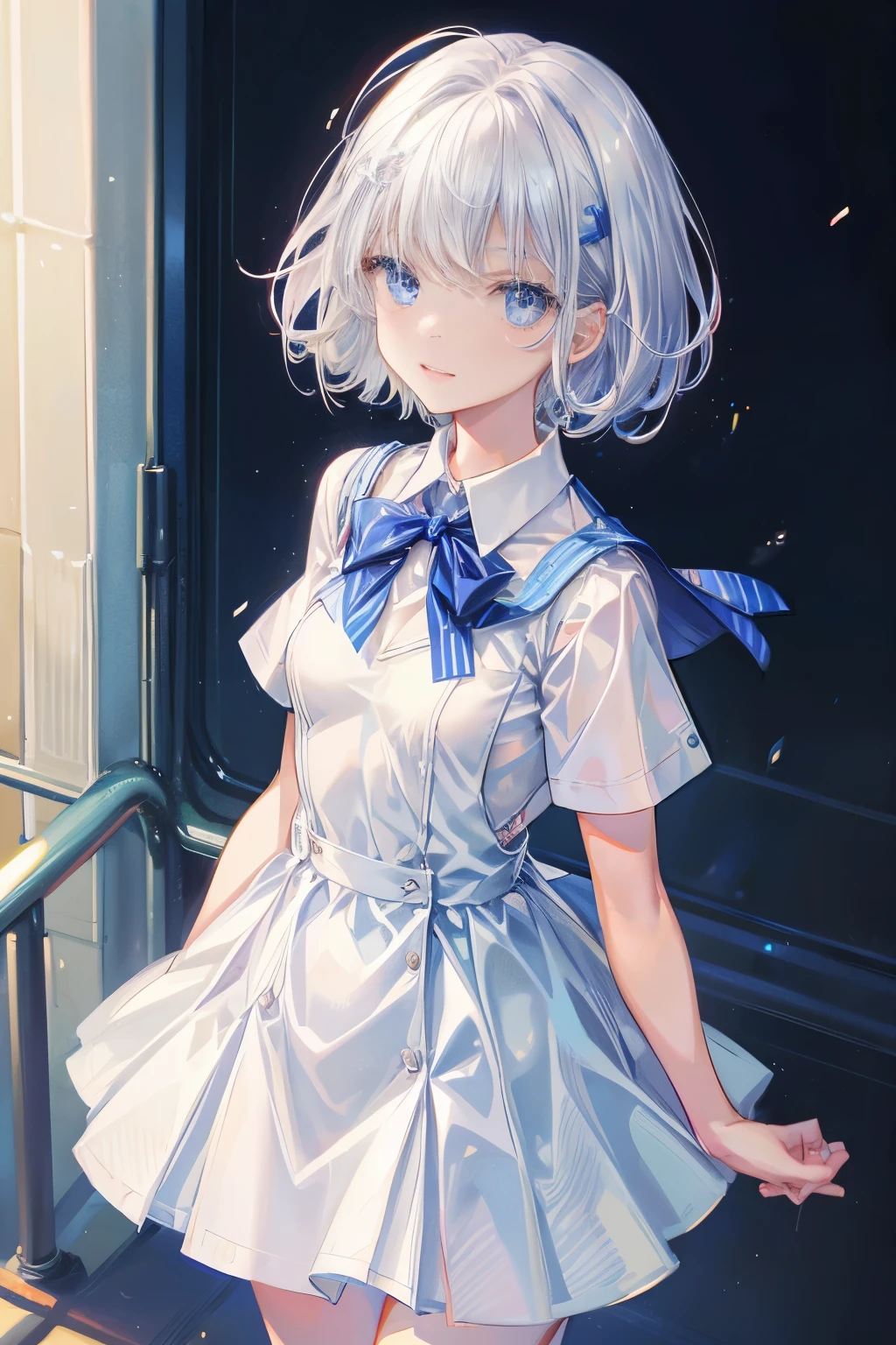 1 girl,(white) short hair,blue eyes,school uniforms, super cute,(introvert and cute),((small breast)),feel happy