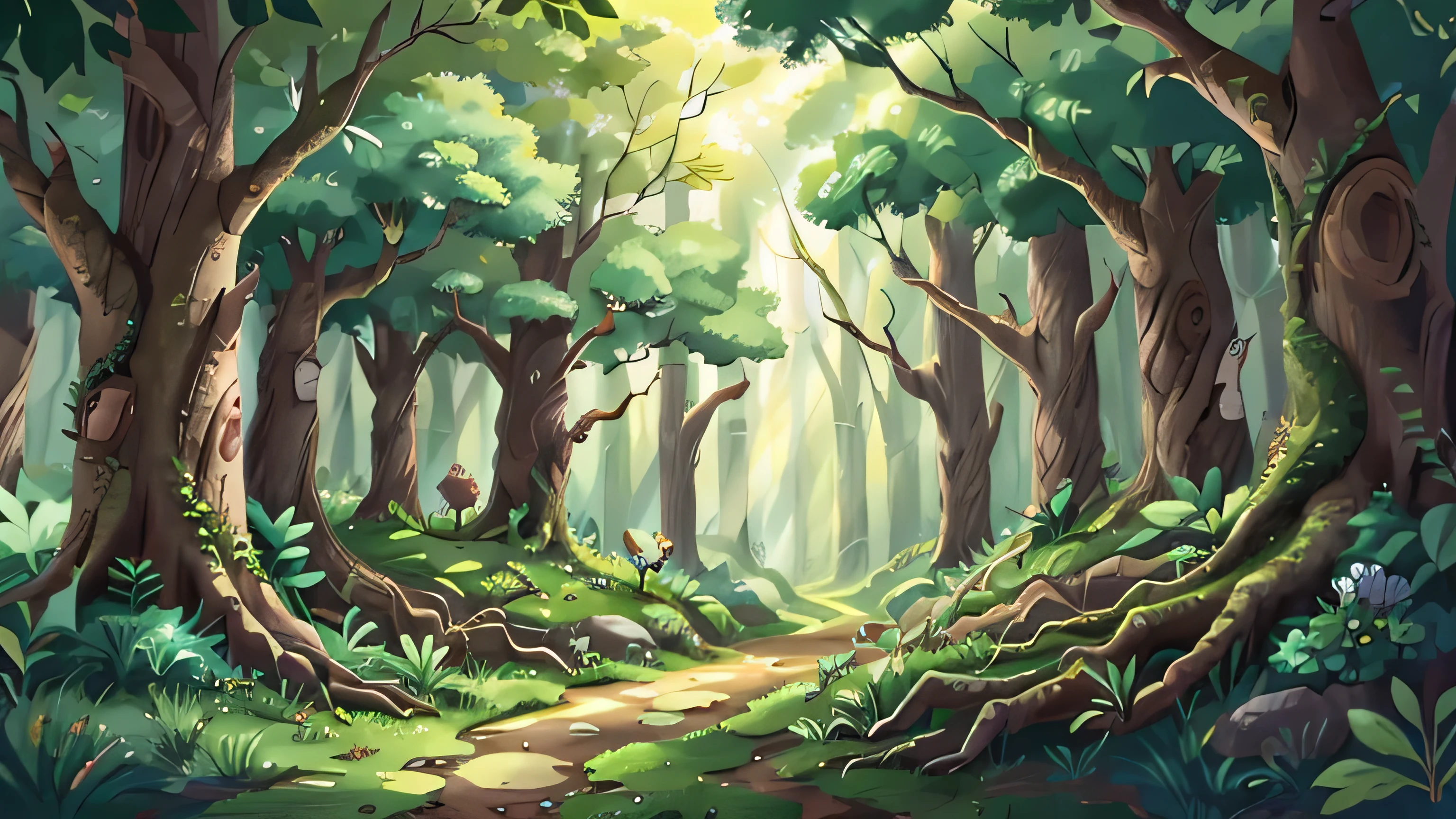 Whispering Woods, Beautiful forest with ancient oak trees and shining sunlight..