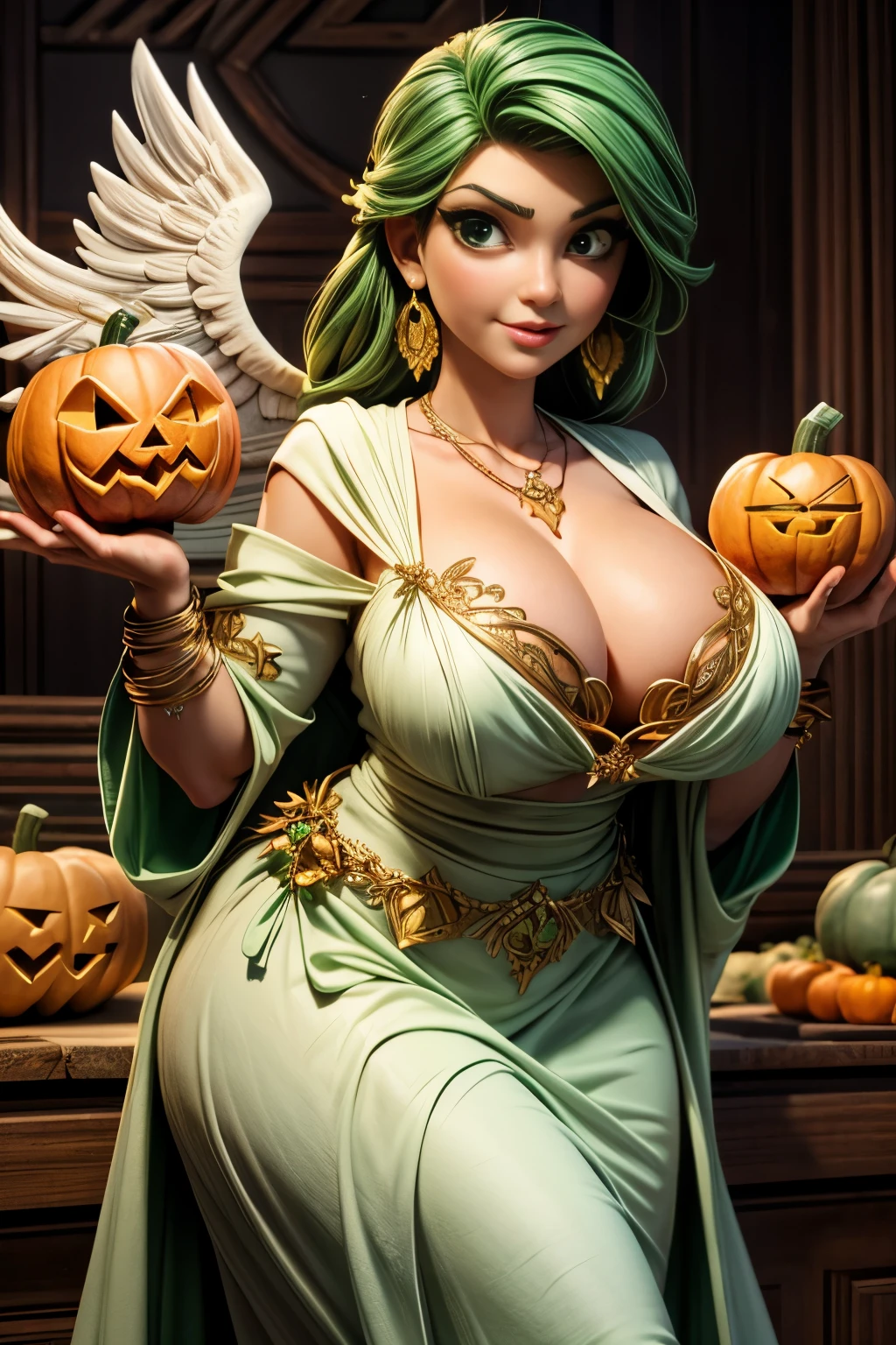 a angel holding green pumpkin Carvings, gigantic breasts, cleavage, gorgeous white robe, necklace, earrings, bracelet, anklet, detailed embroidery, ring