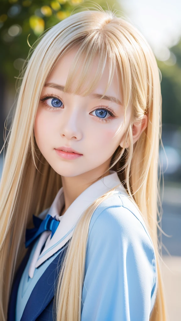A beautiful girl with super long and beautiful shining bright blonde hair.、long bangs between the eyes、Very beautiful bright light blue big eyes、very big eyes、unparalleled beauty、rich bust、school uniform、very white bright young skin、gloss cheek highlights、small face beauty、shy and bright look、