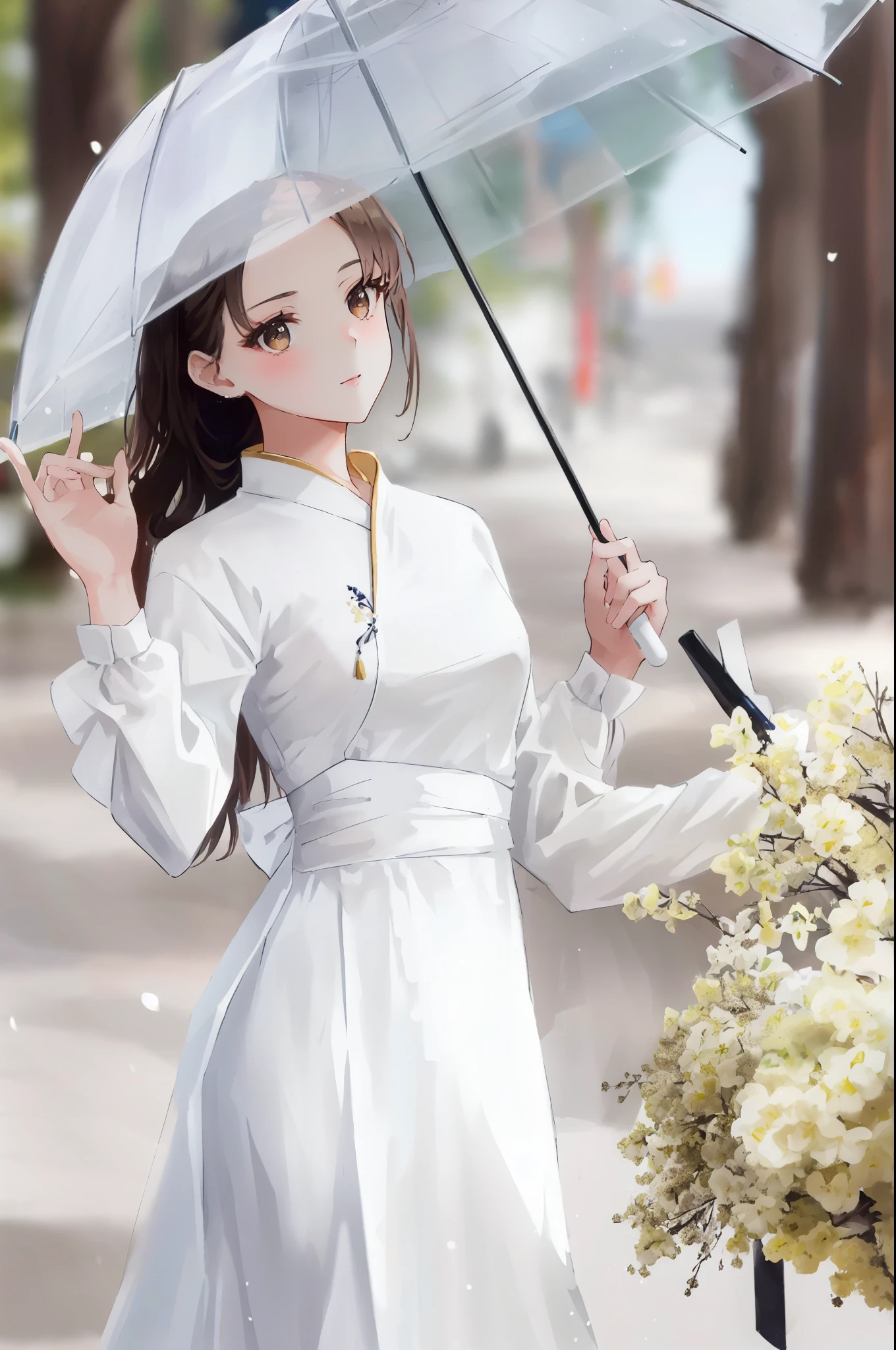 araffe woman in white dress holding an umbrella in the street, (brown long hair swept bangs:1.3), ao dai, a beautiful woman in white, vietnamese woman, in style of lam manh, traditional beauty, traditional, mai anh tran, dressed in a beautiful white, lovely woman, wearing beautiful clothes, beautiful asian girl, in white clothes, wearing white dress, with a long white, traditional dress
