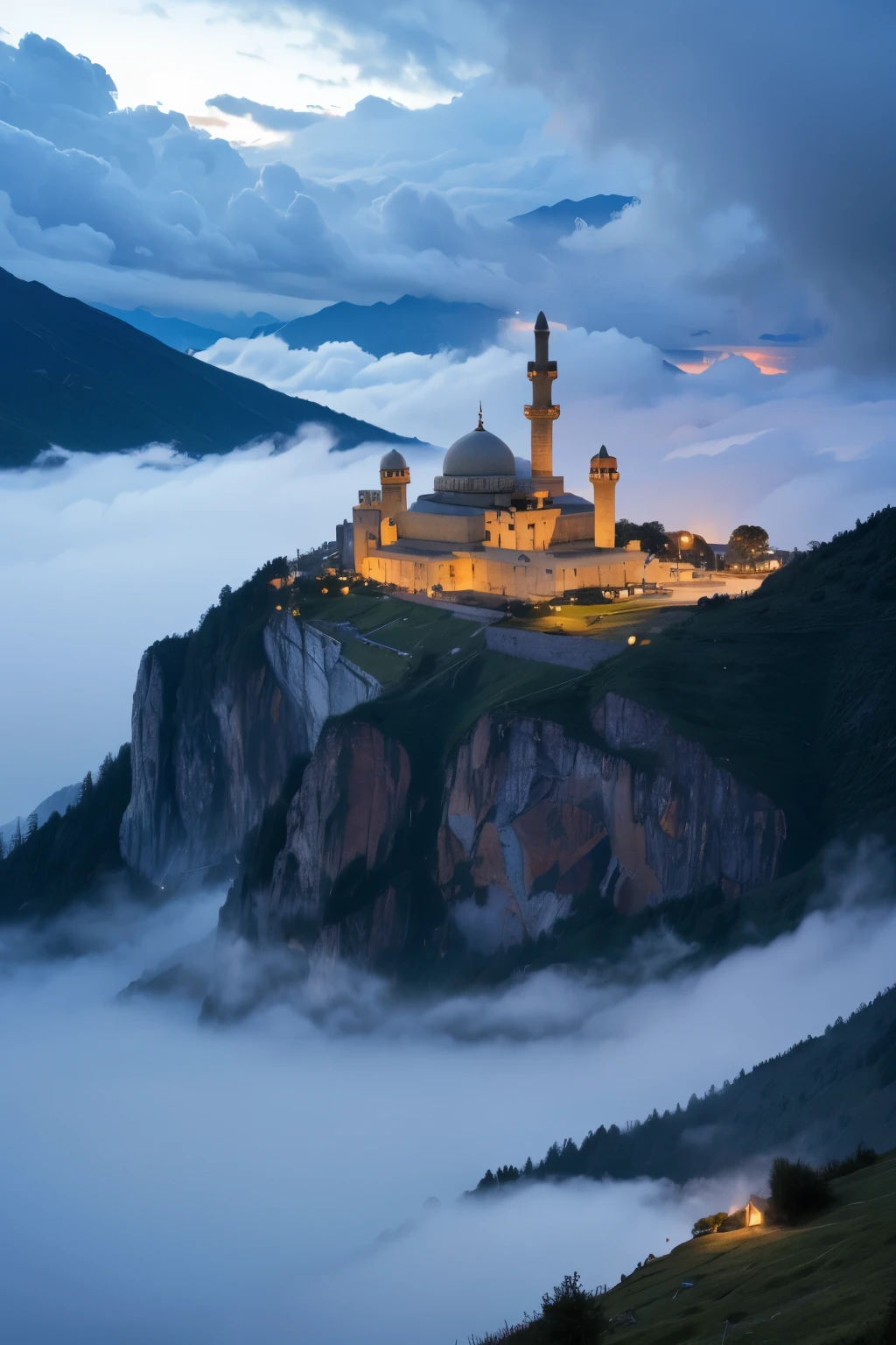 Mosque on top of mountain, thunder strom, fog, lake